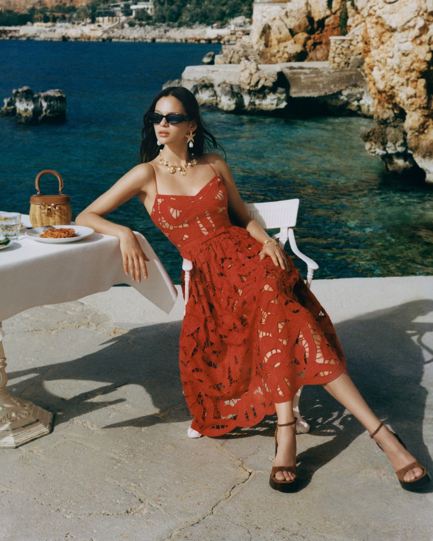 Red Bow Embroidered Midi Dress