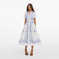 White And Blue Embroidered Midi Dress