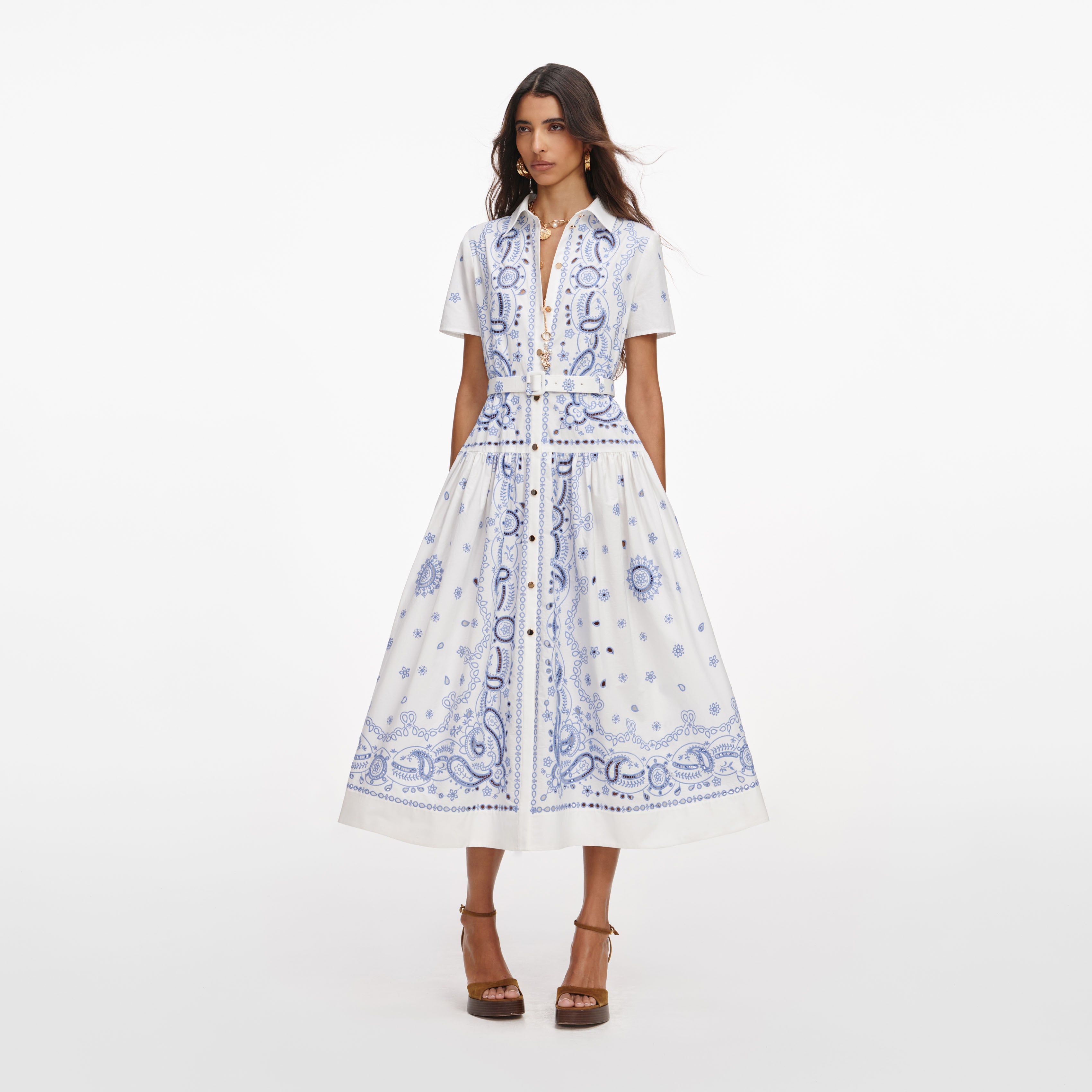 White And Blue Embroidered Midi Dress