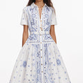 White And Blue Embroidered Midi Dress