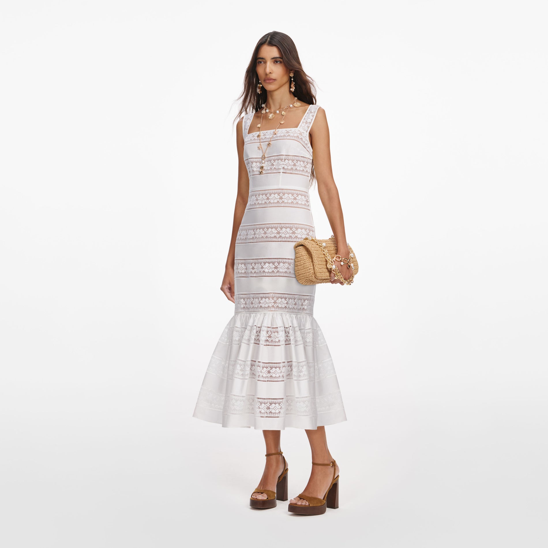 White Cotton Embroidered Midi Dress