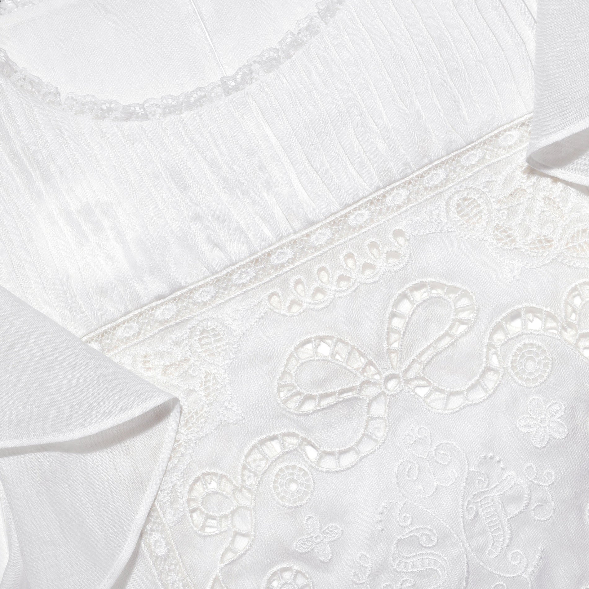 A close up of the fabric for the White Ramie Lace Frill Top