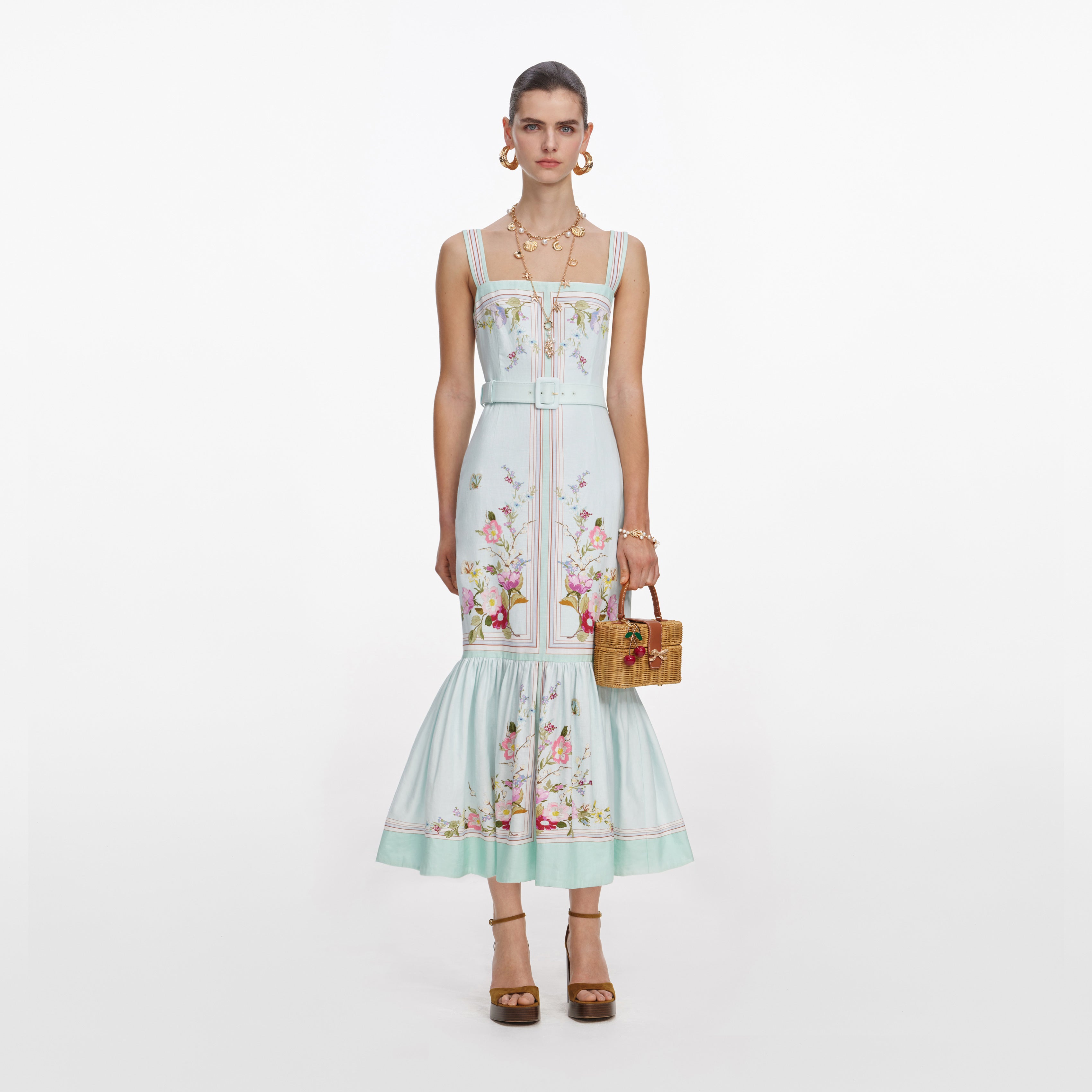 Mint Floral Linen Midi Dress