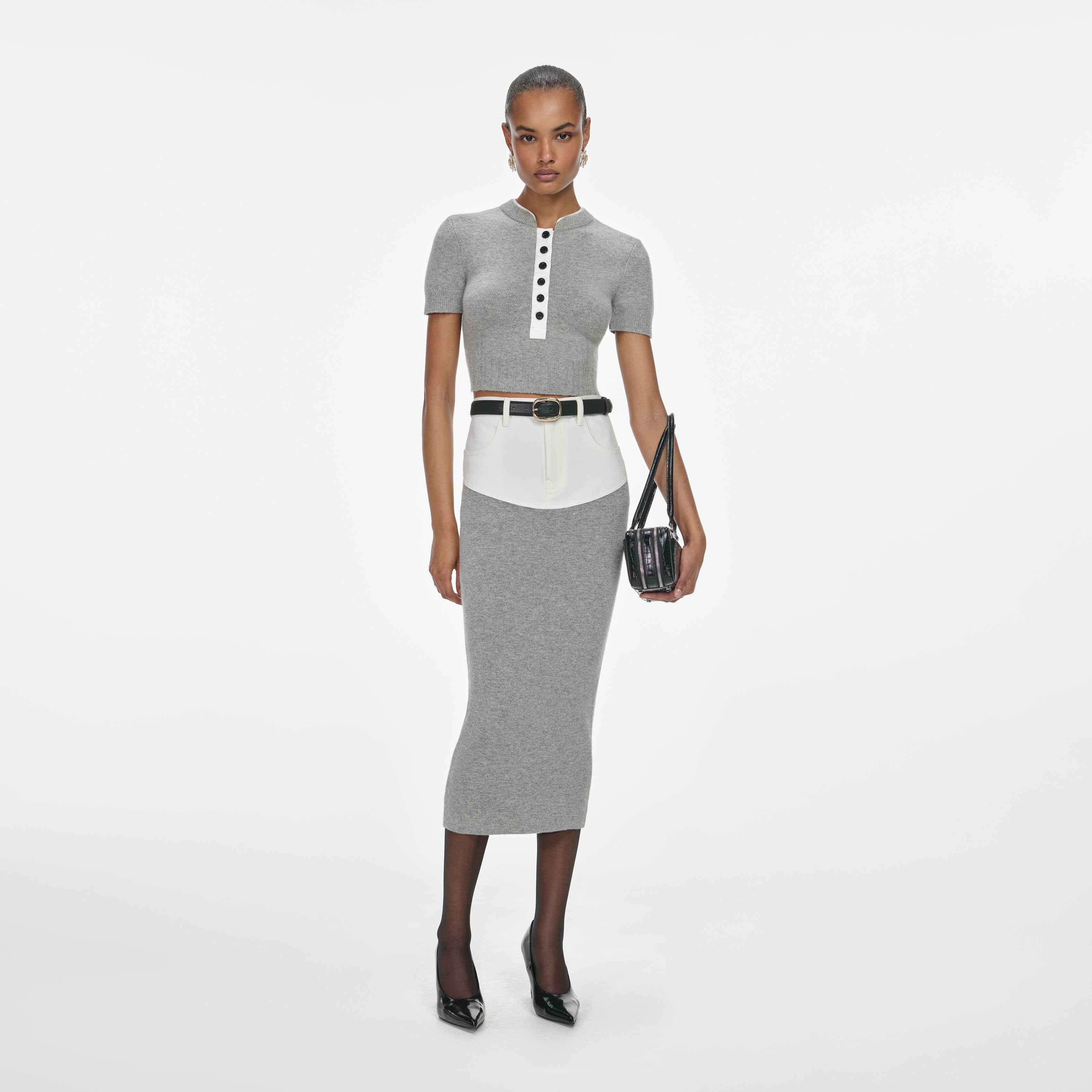 Grey Knit Denim Insert Midi Skirt