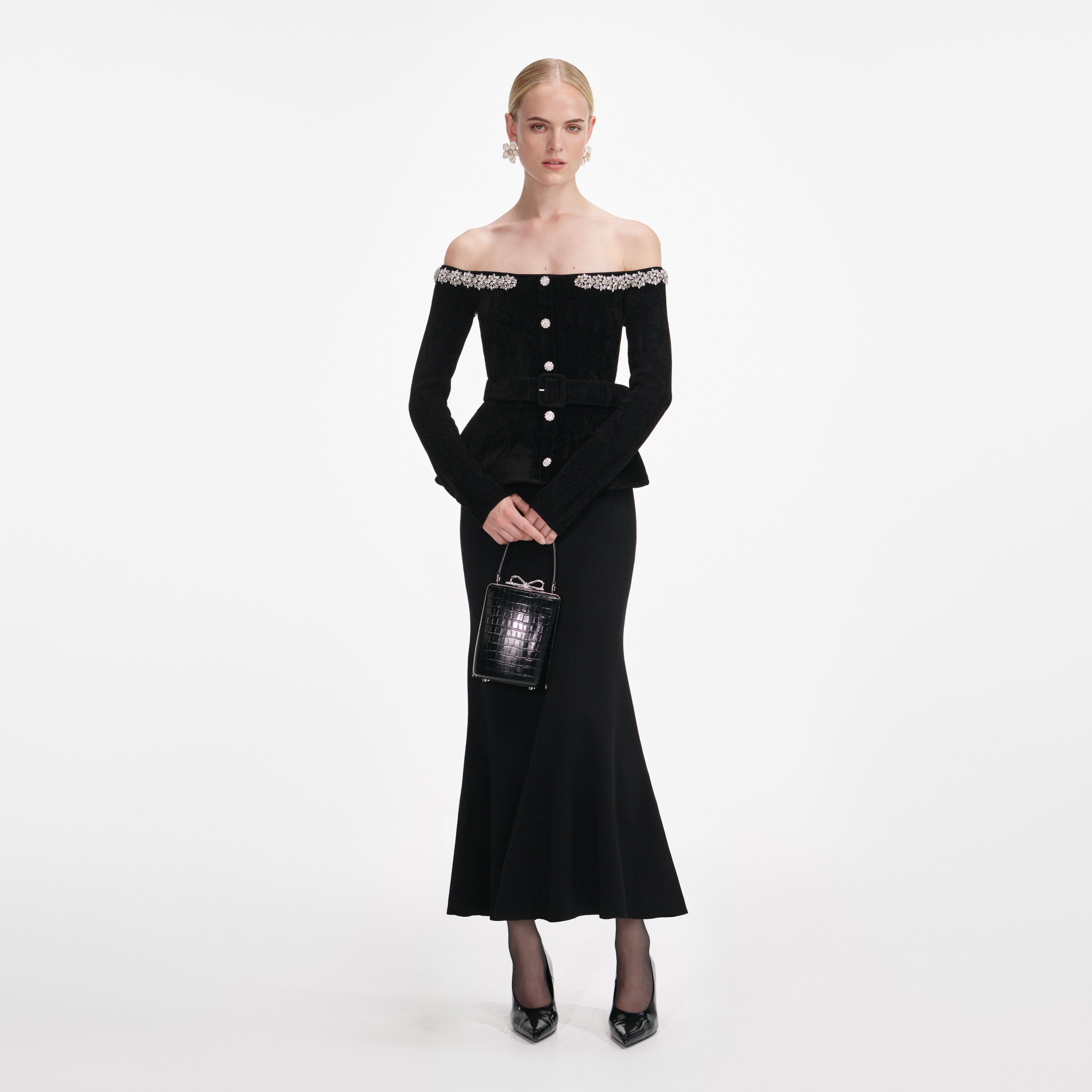 Black Chenille Knit Crystal Trim Midi Dress