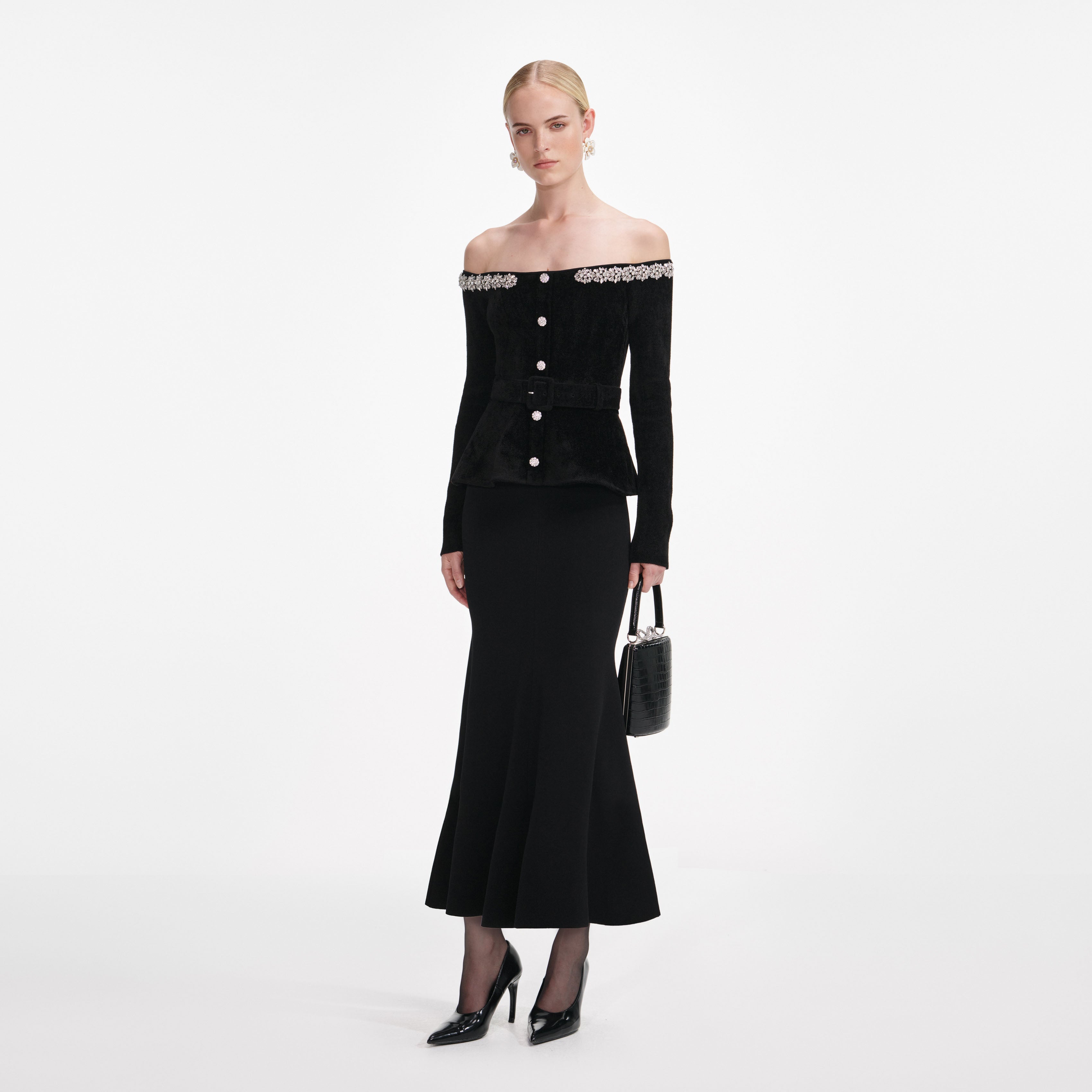 Black Chenille Knit Crystal Trim Midi Dress