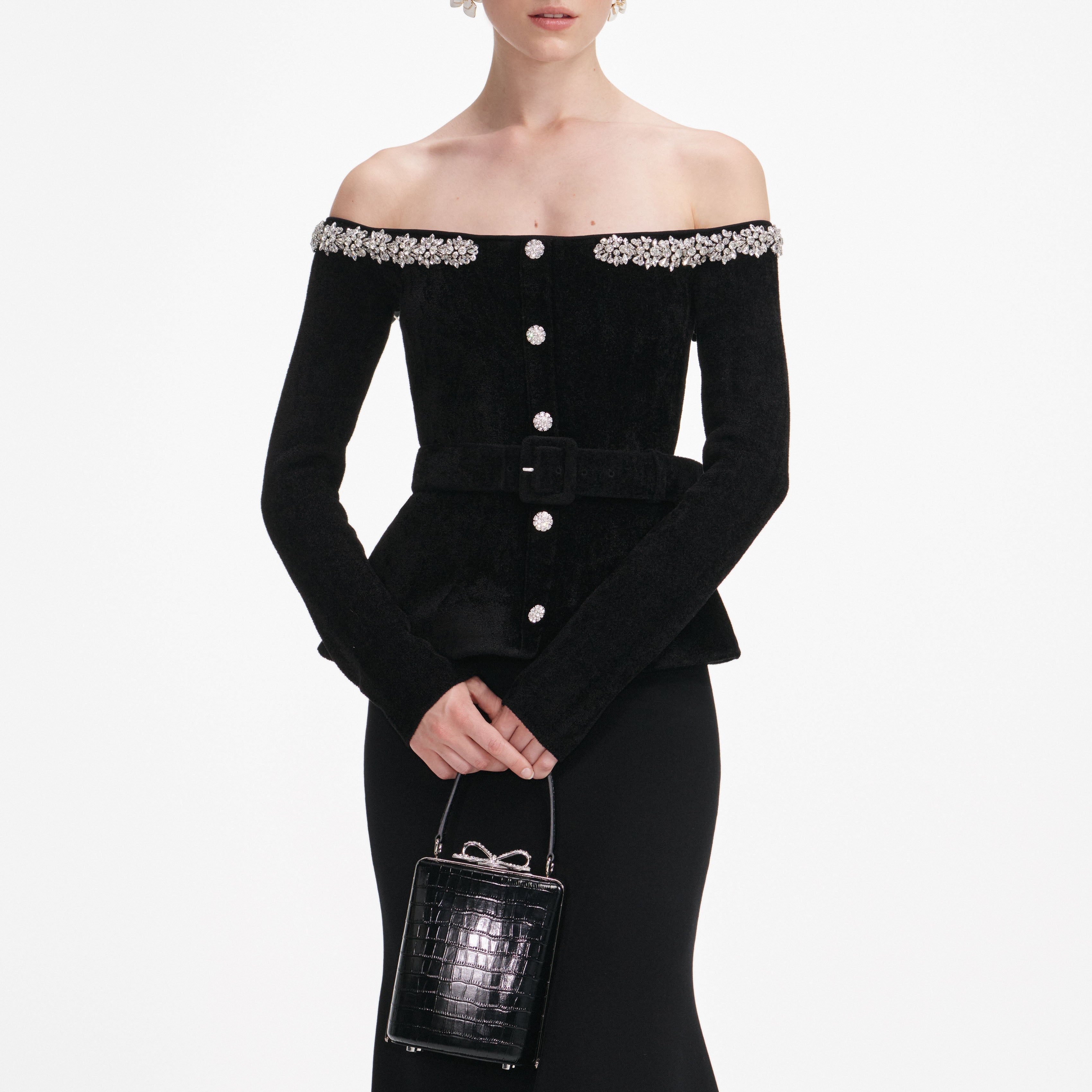 Black Chenille Knit Crystal Trim Midi Dress