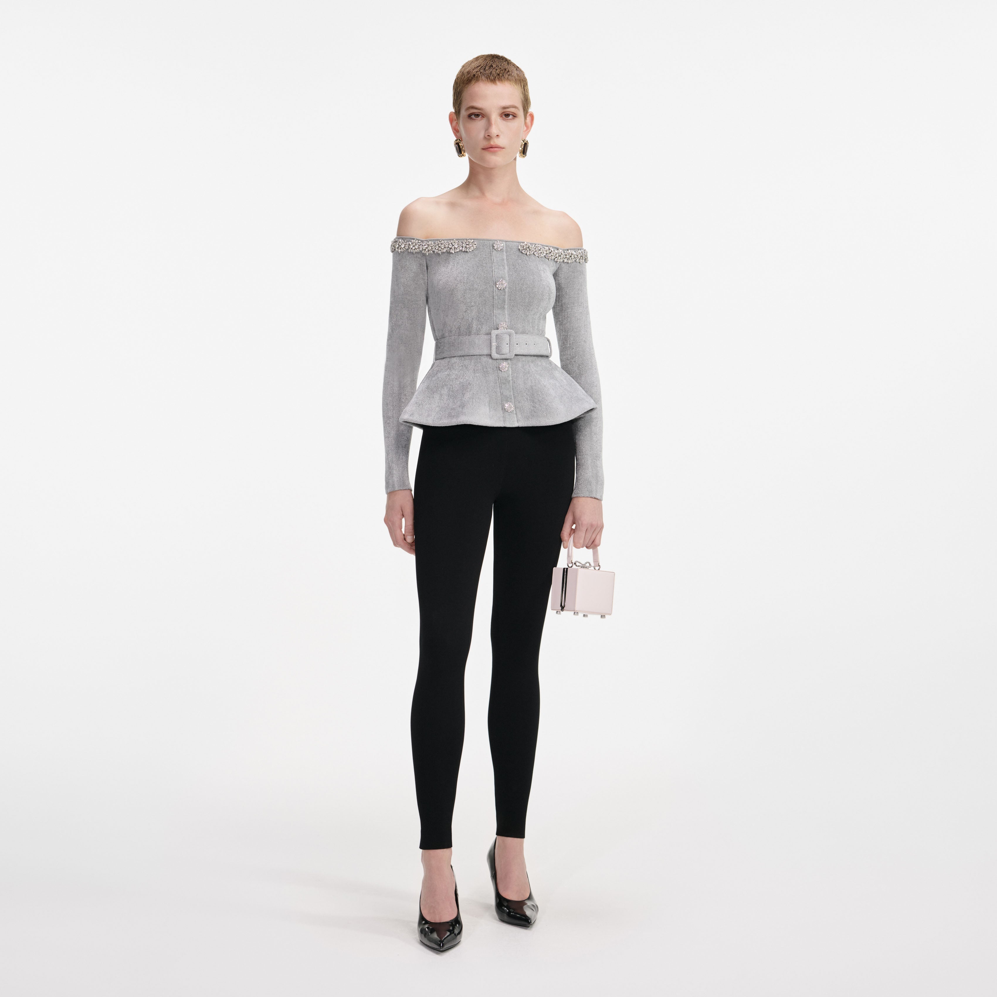 Grey Chenille Knit Crystal Trim Top