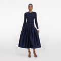 Navy Knit Taffeta Midi Dress