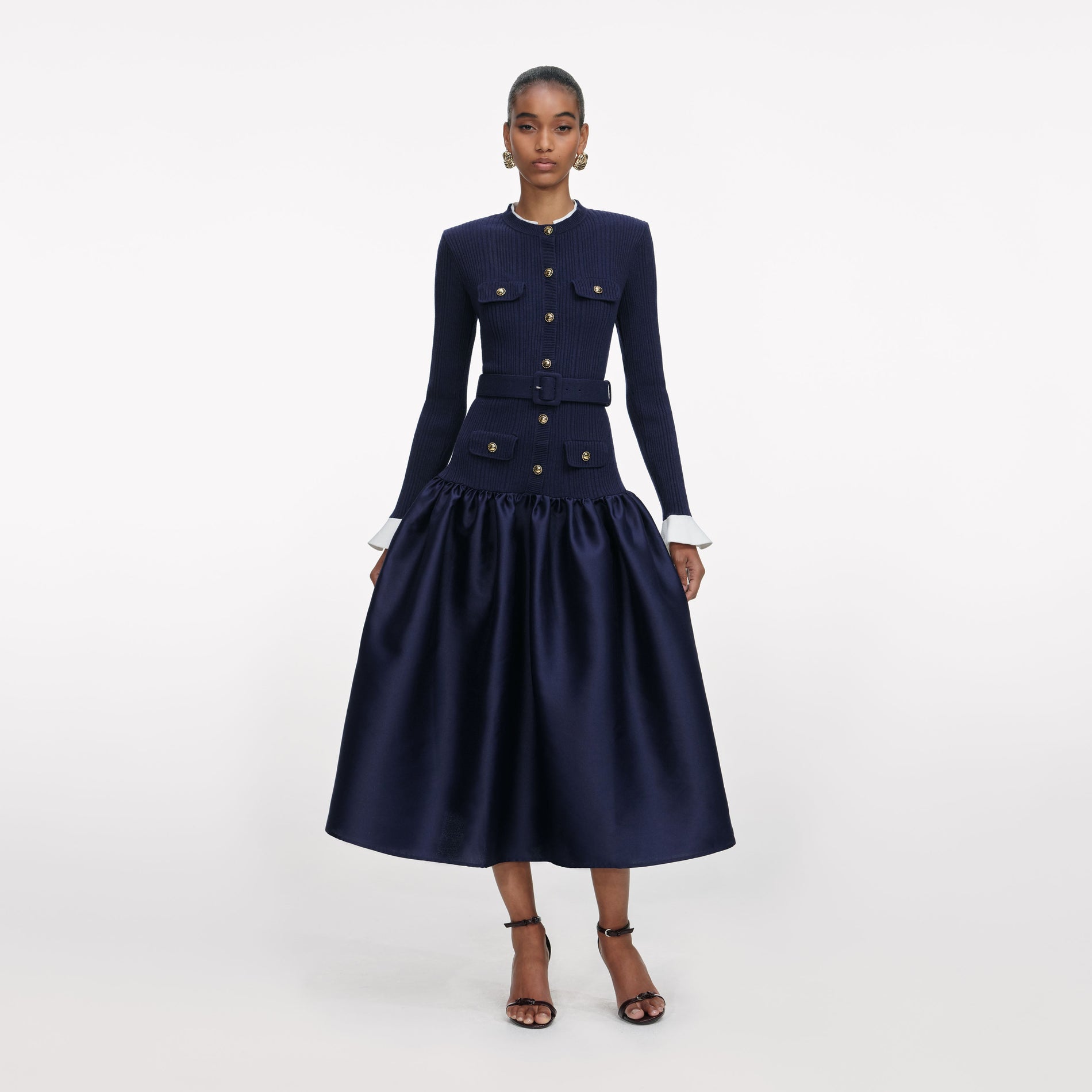 Navy Knit Taffeta Midi Dress