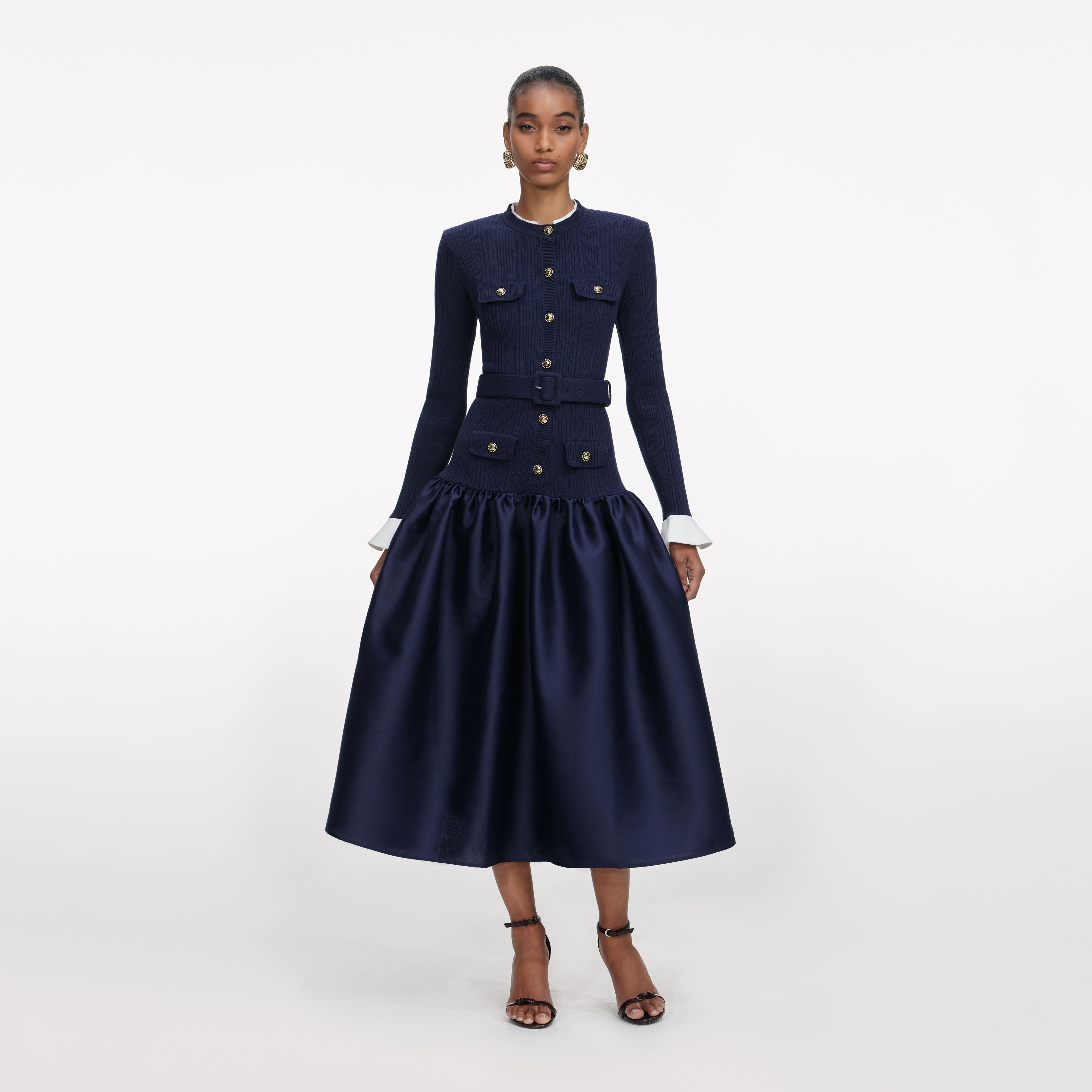 Navy Knit Taffeta Midi Dress