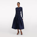 Navy Knit Taffeta Midi Dress
