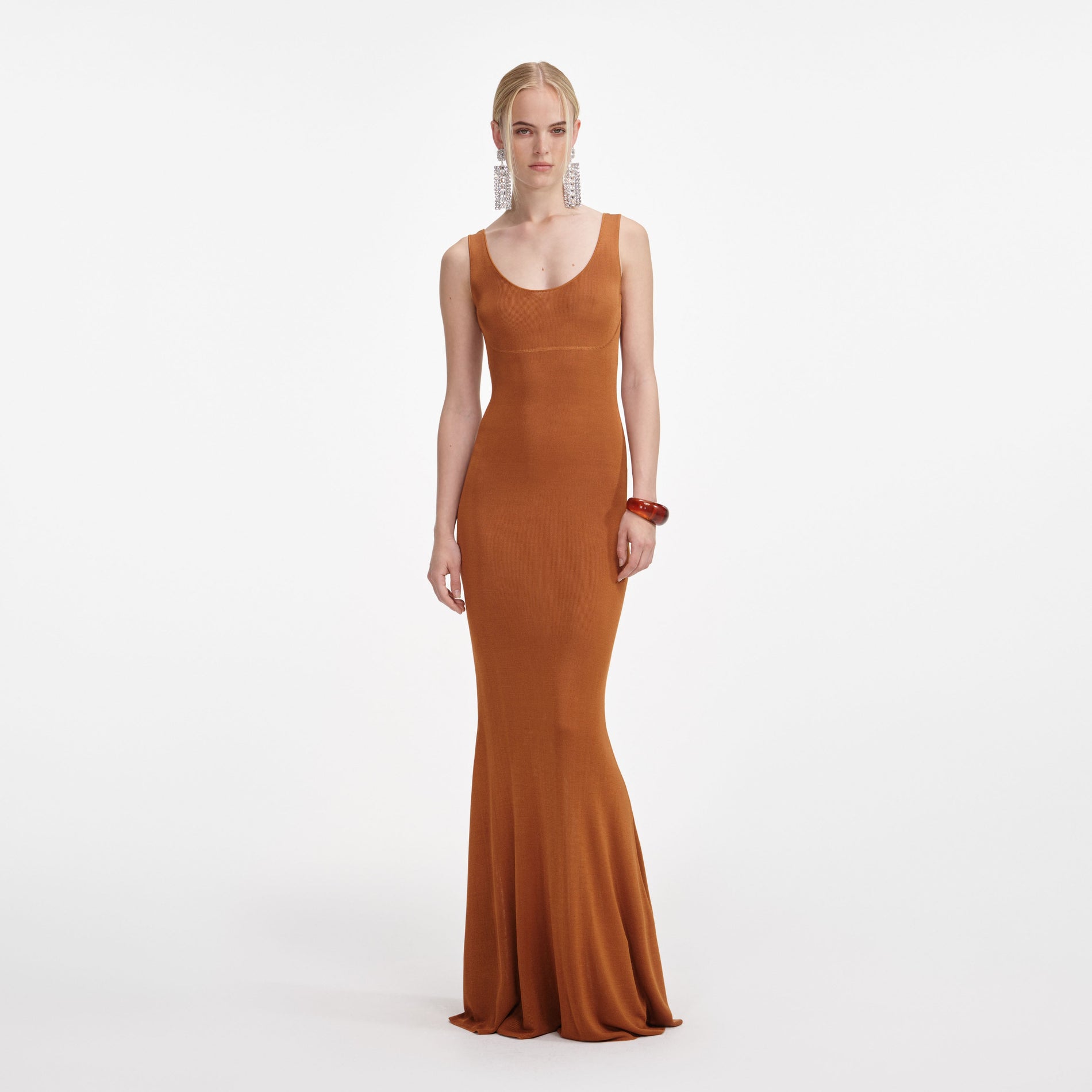 Front view of a woman wearing the Brown Racer Back Viscose Knit Maxi Dress