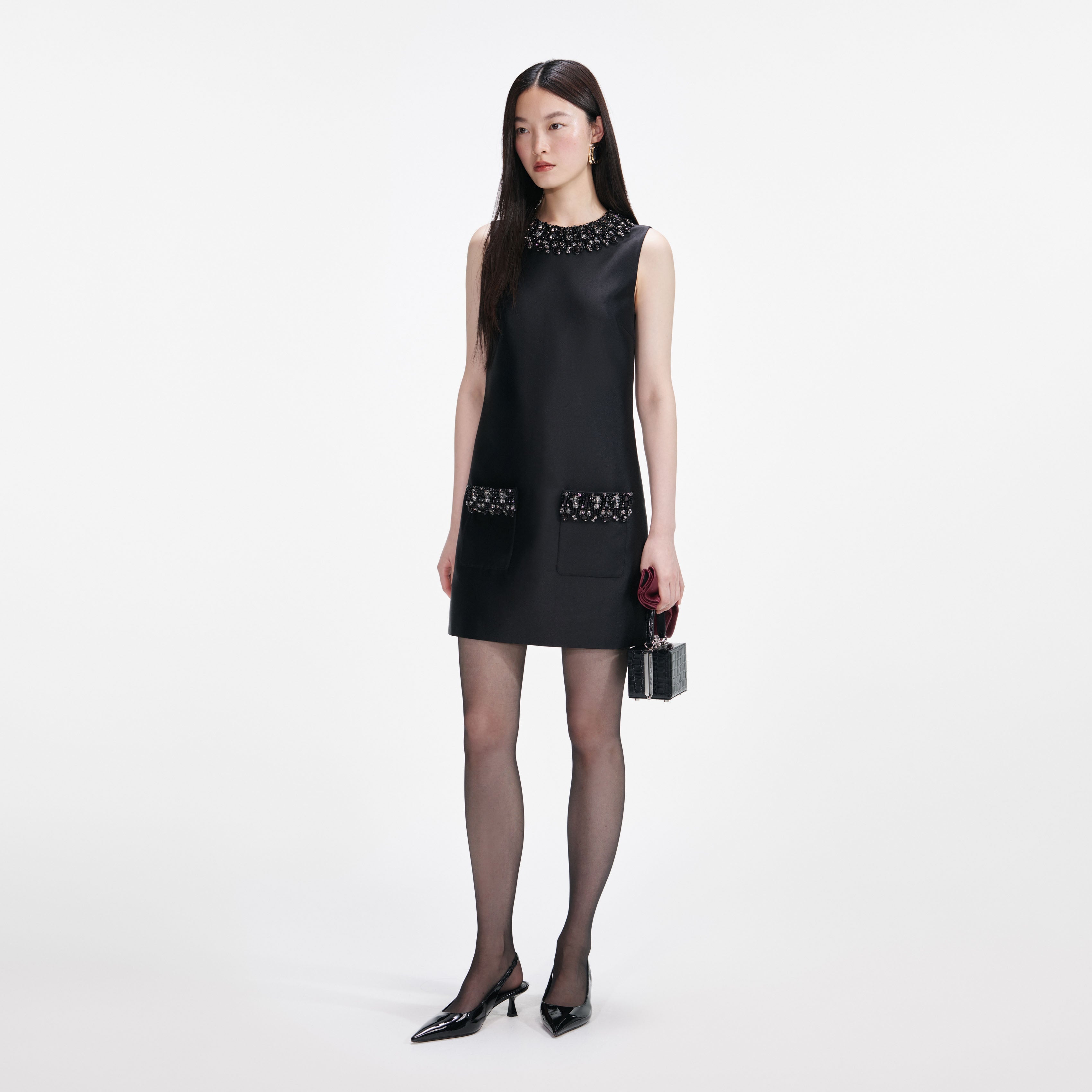 Black Taffeta Embellished Trim Mini Dress