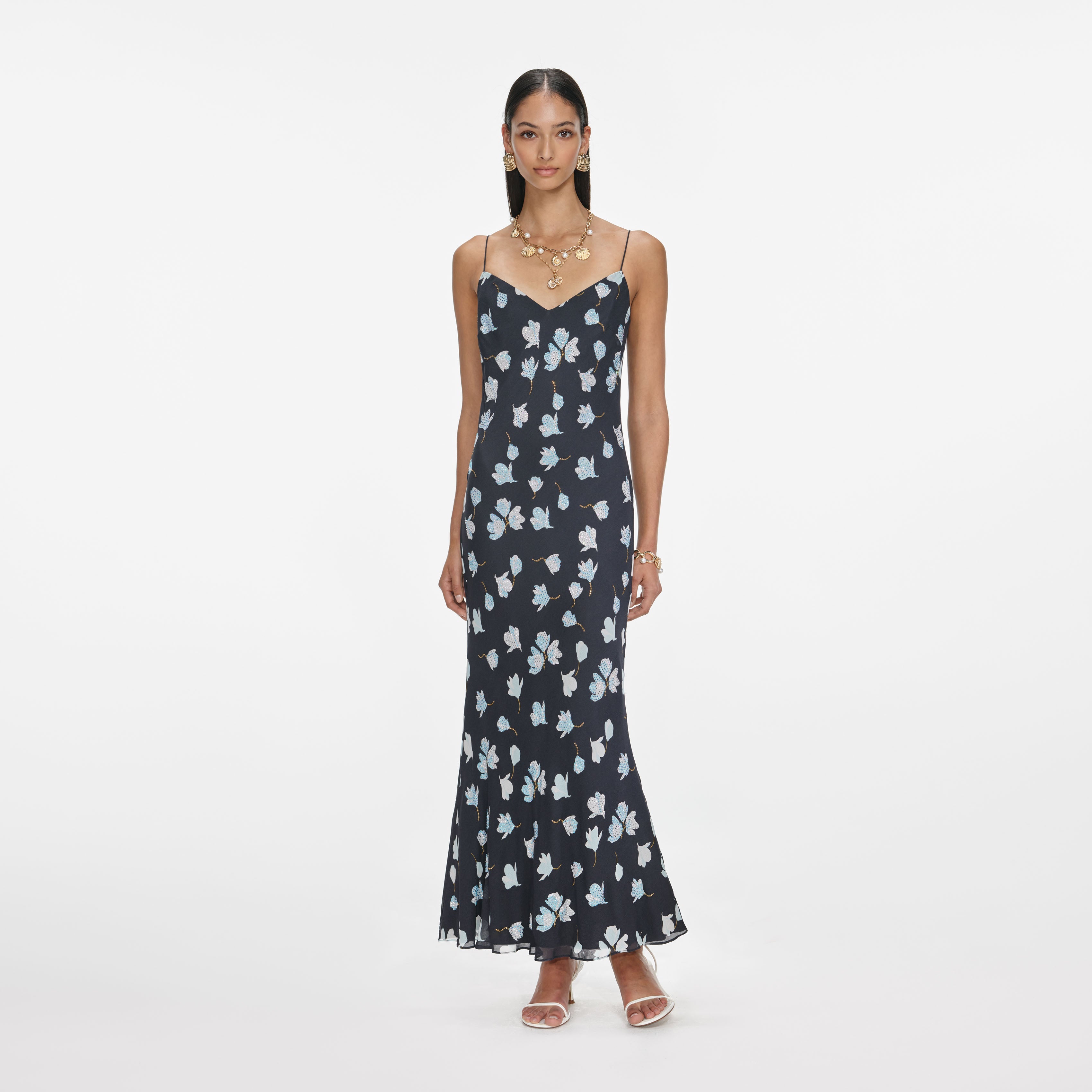 Navy Floral Rhinestone Midi Dress