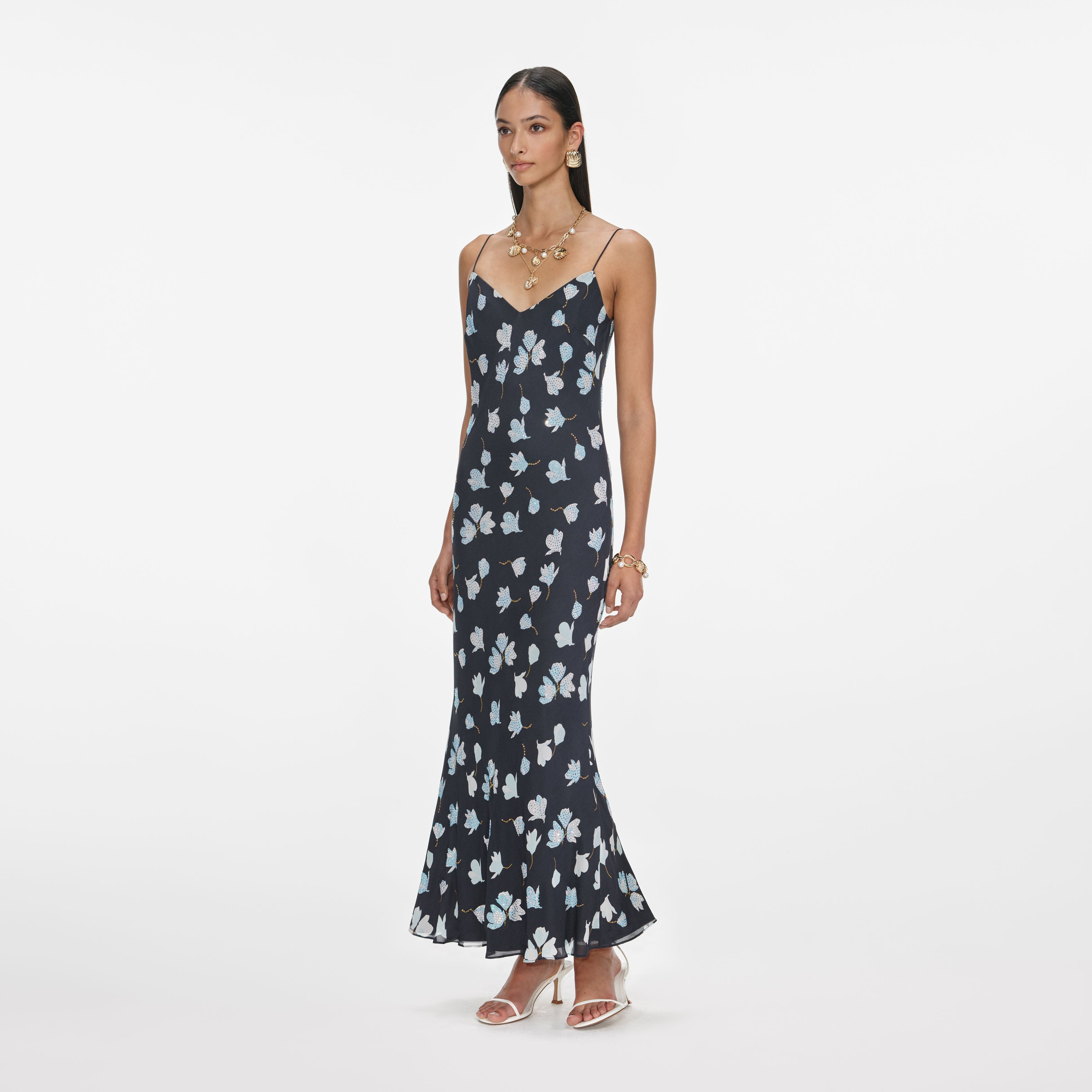Navy Floral Rhinestone Midi Dress