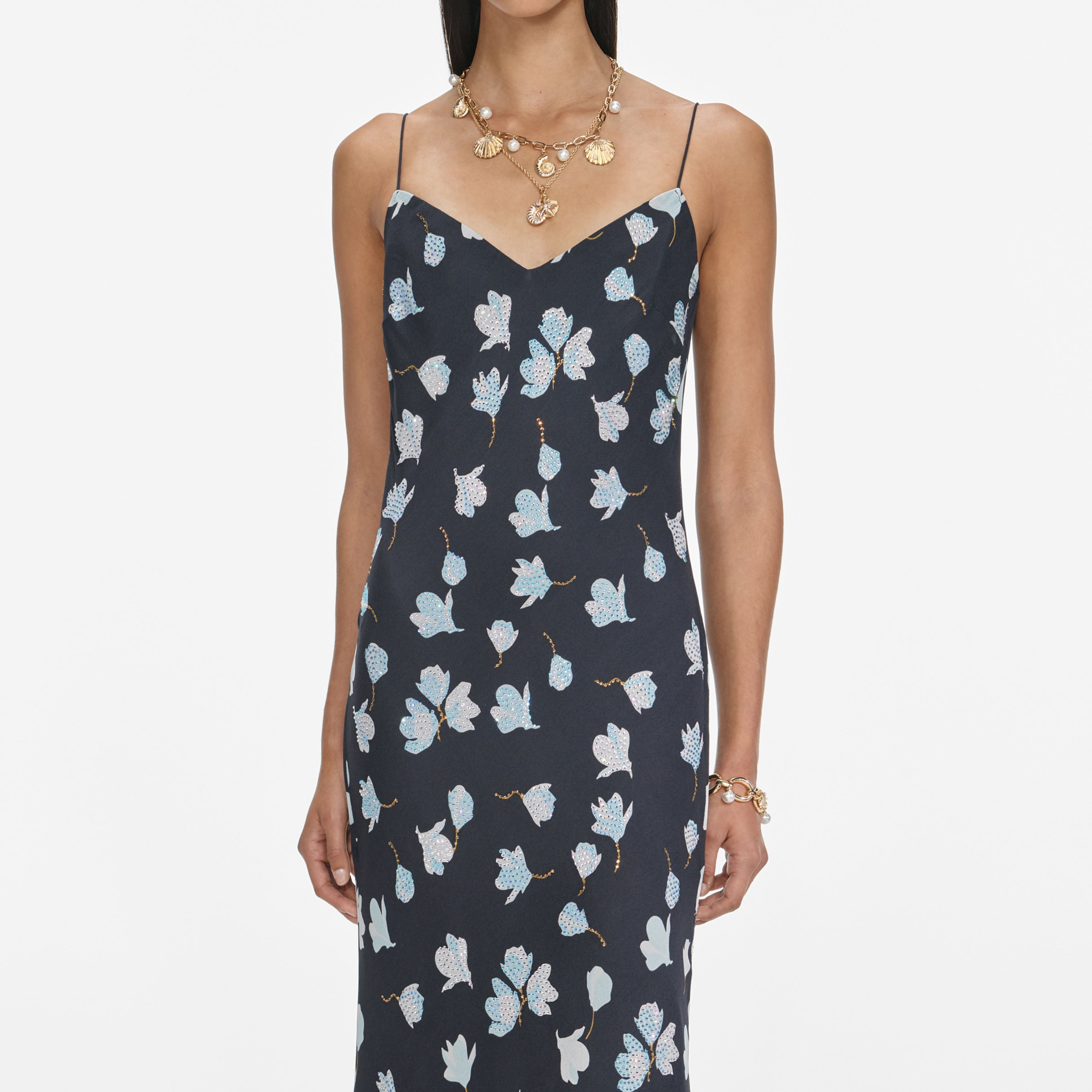 Navy Floral Rhinestone Midi Dress