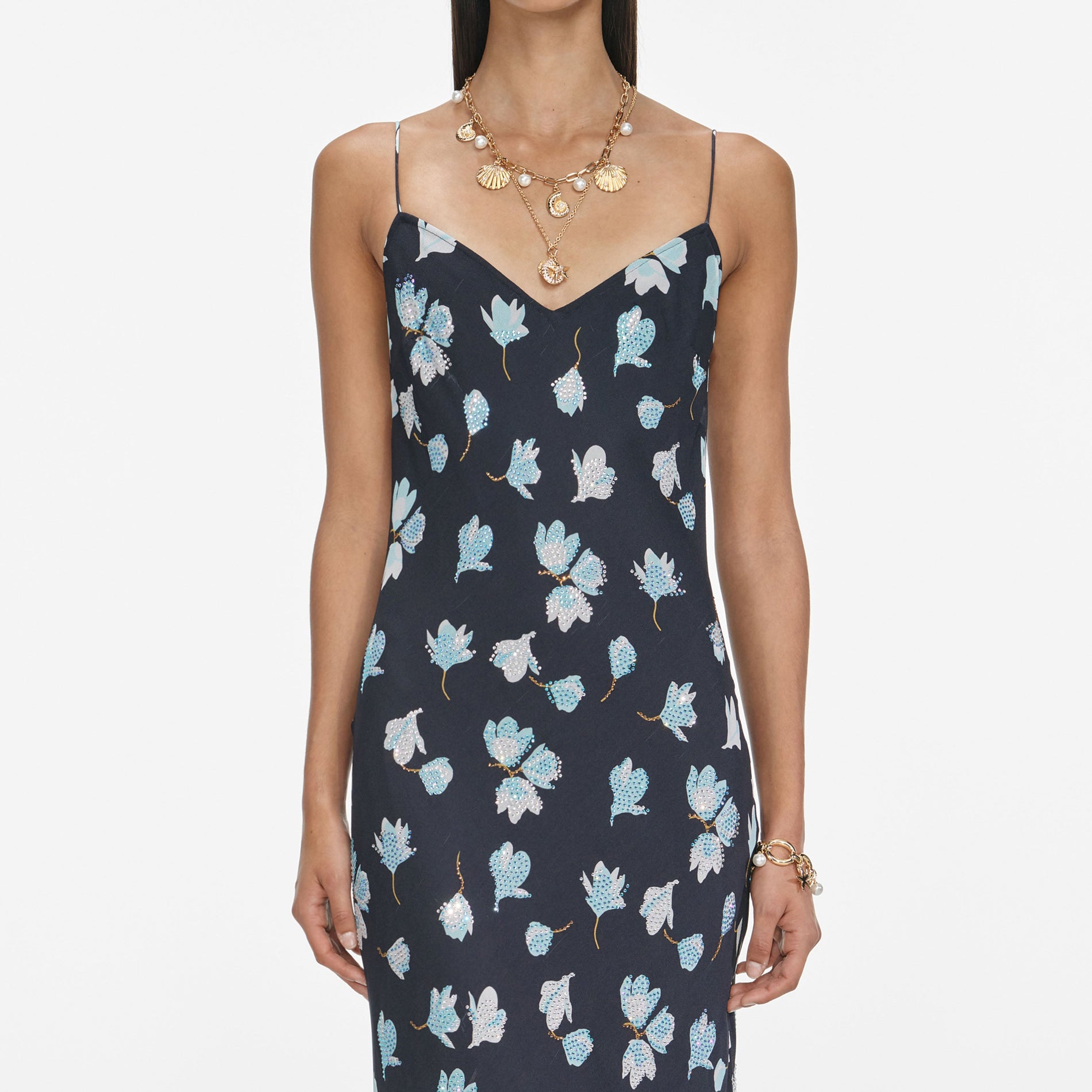 Navy Floral Rhinestone Maxi Dress