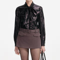 Black Metallic Tie Neck Blouse