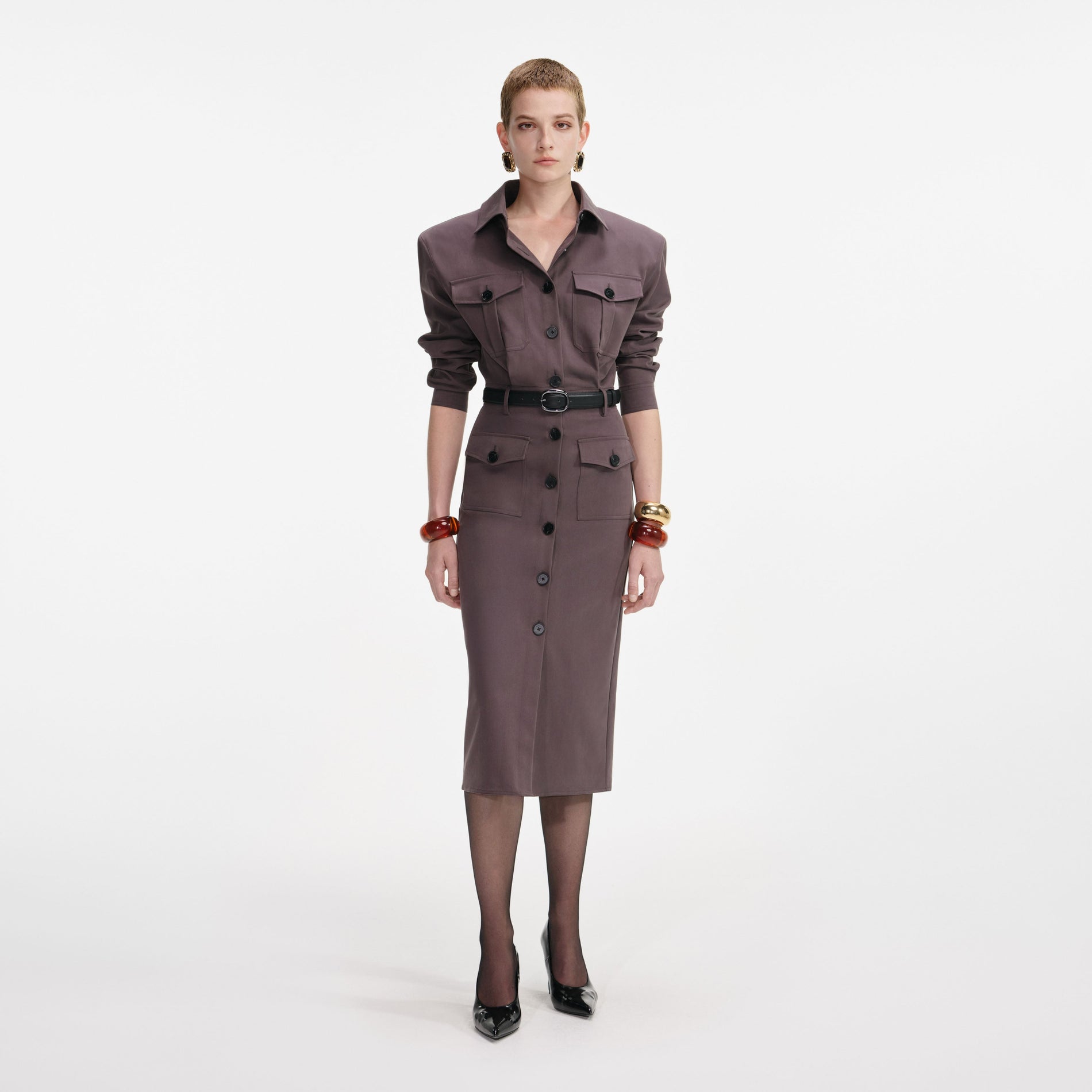 Front view of a woman wearing the Brown Cotton Belted Midi Dress