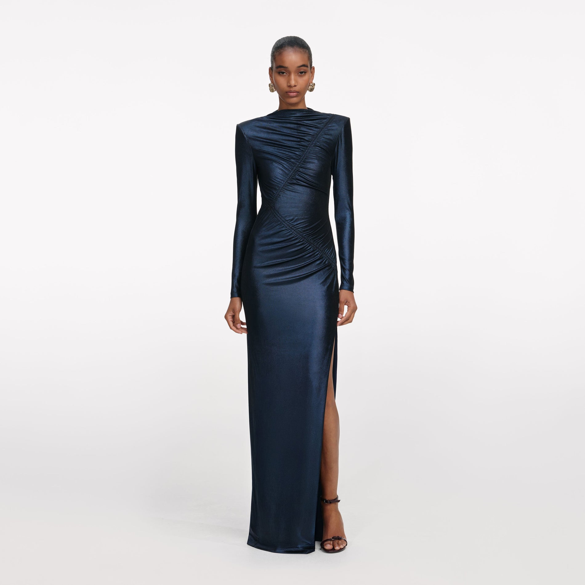 Front view of a woman wearing the Navy Metallic Gathered Maxi Dress