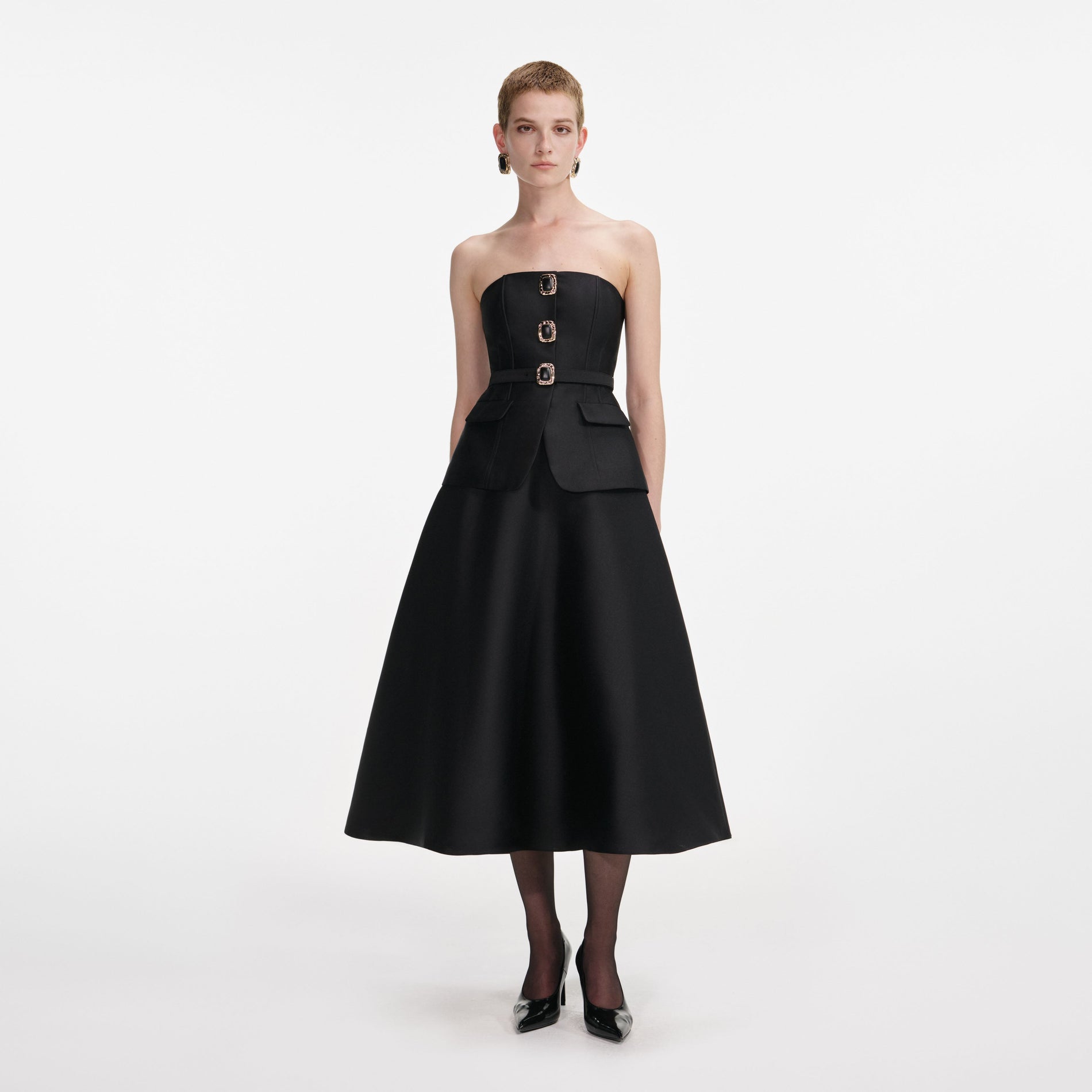 Front view of a woman wearing the Black Taffeta Bandeau Midi Dress