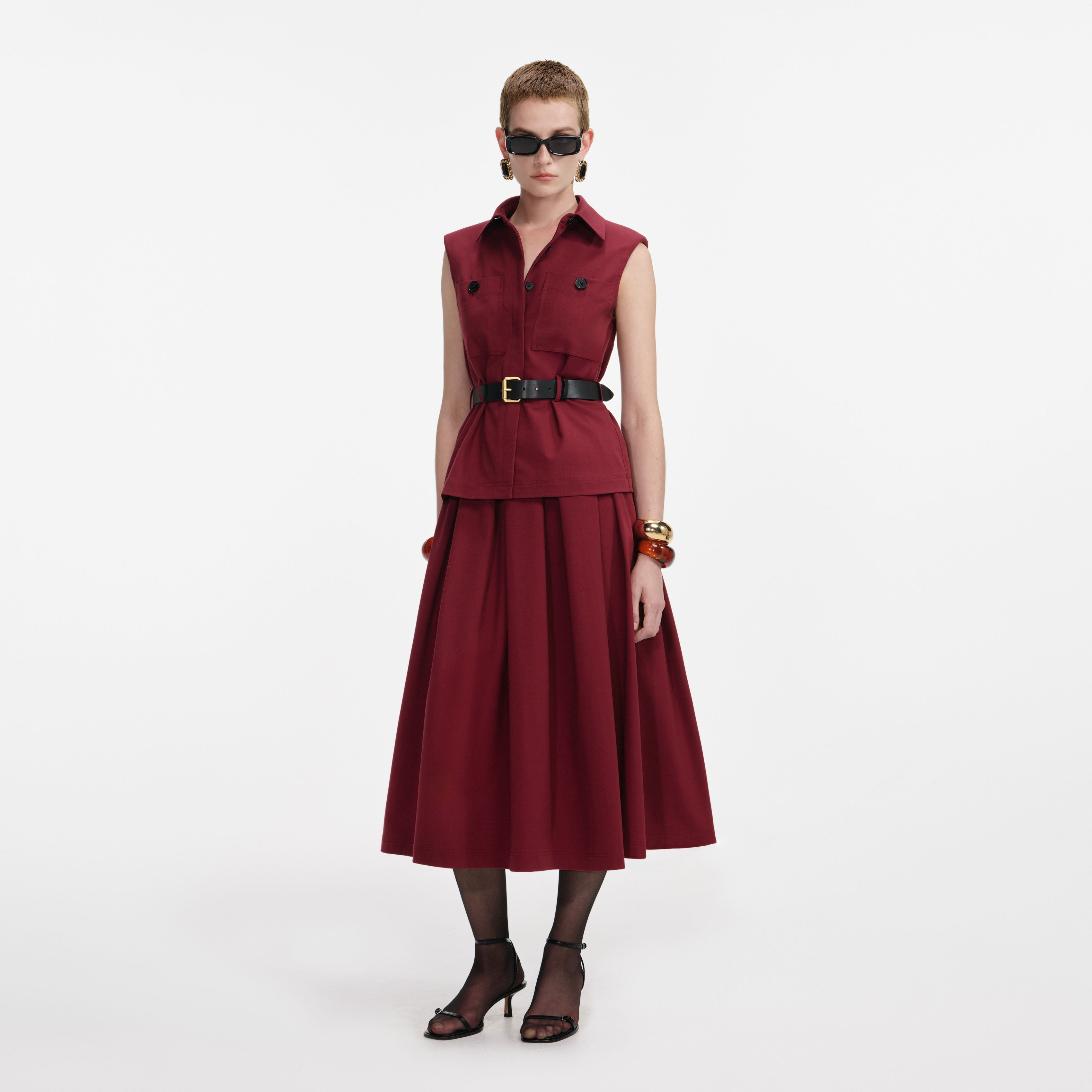 Burgundy Twill Belted Midi Dress