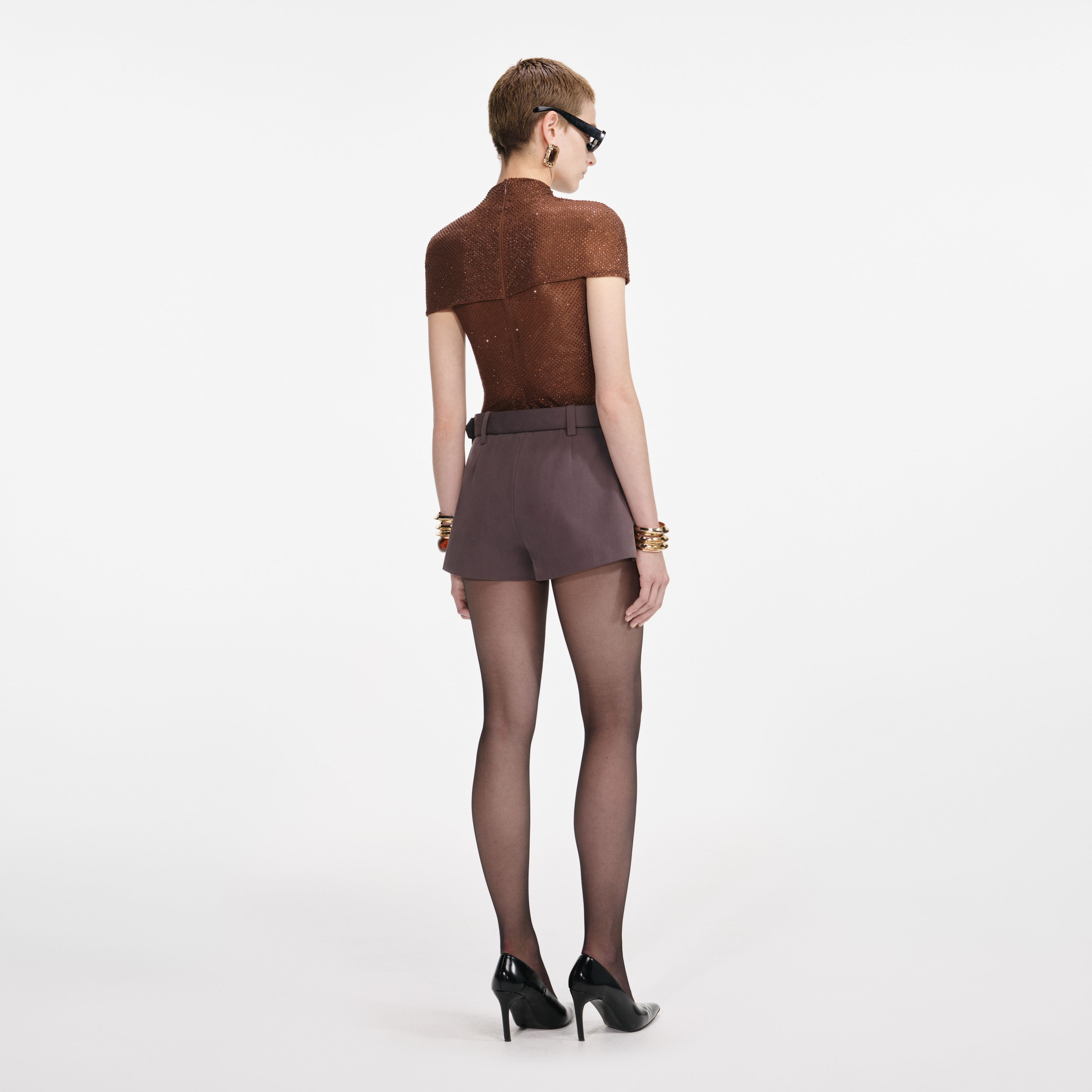 Brown Rhinestone Mesh Cut Out Top