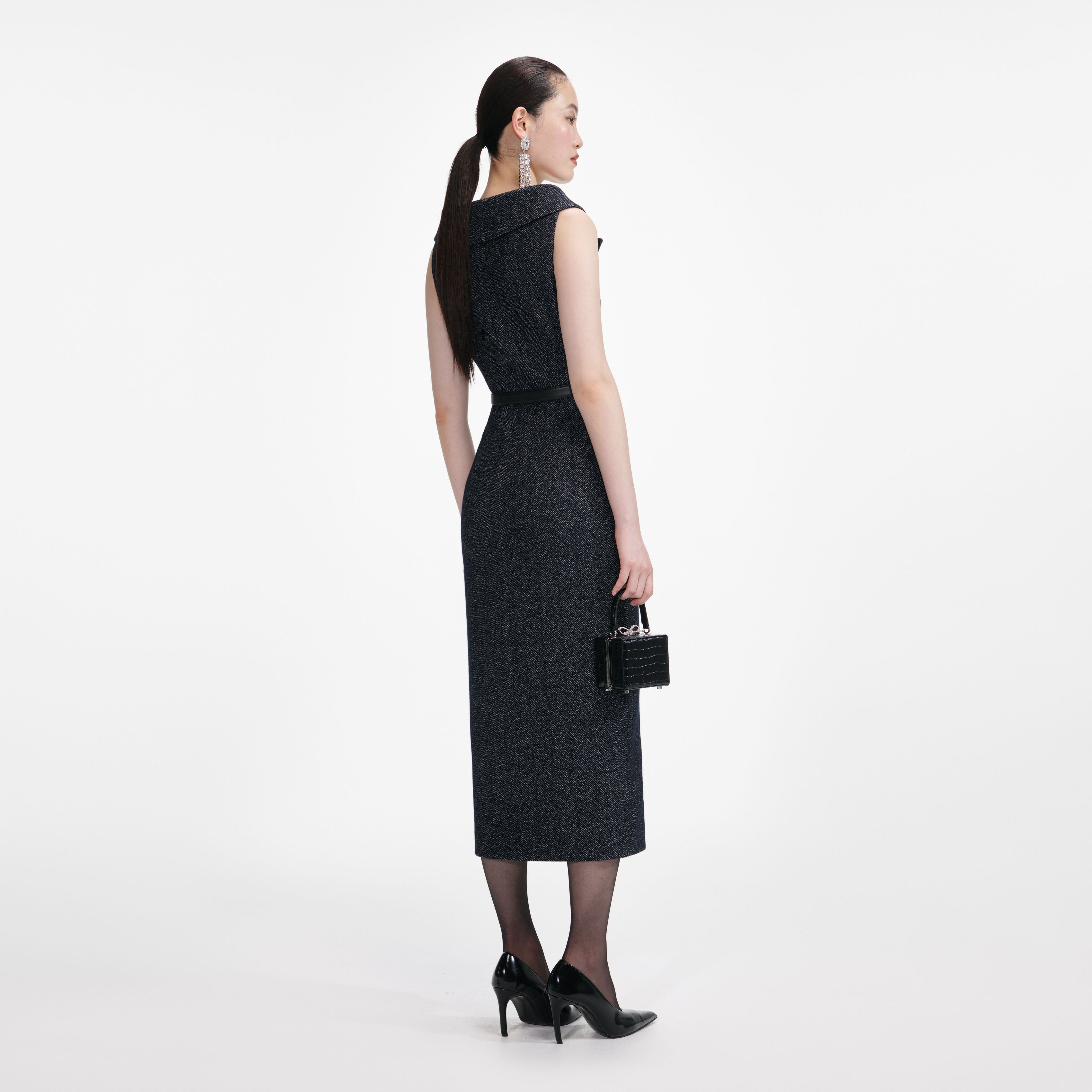 Navy Herringbone Wool Midi Dress