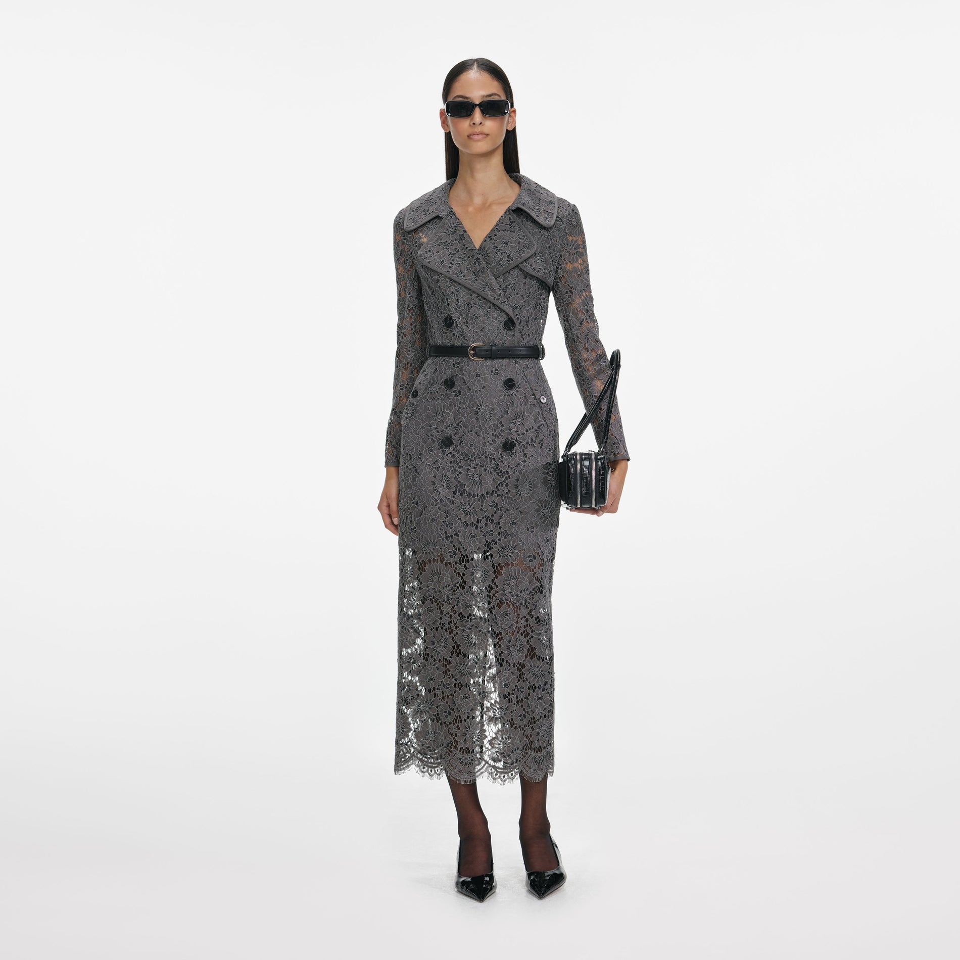 Grey Floral Lace Midi Dress