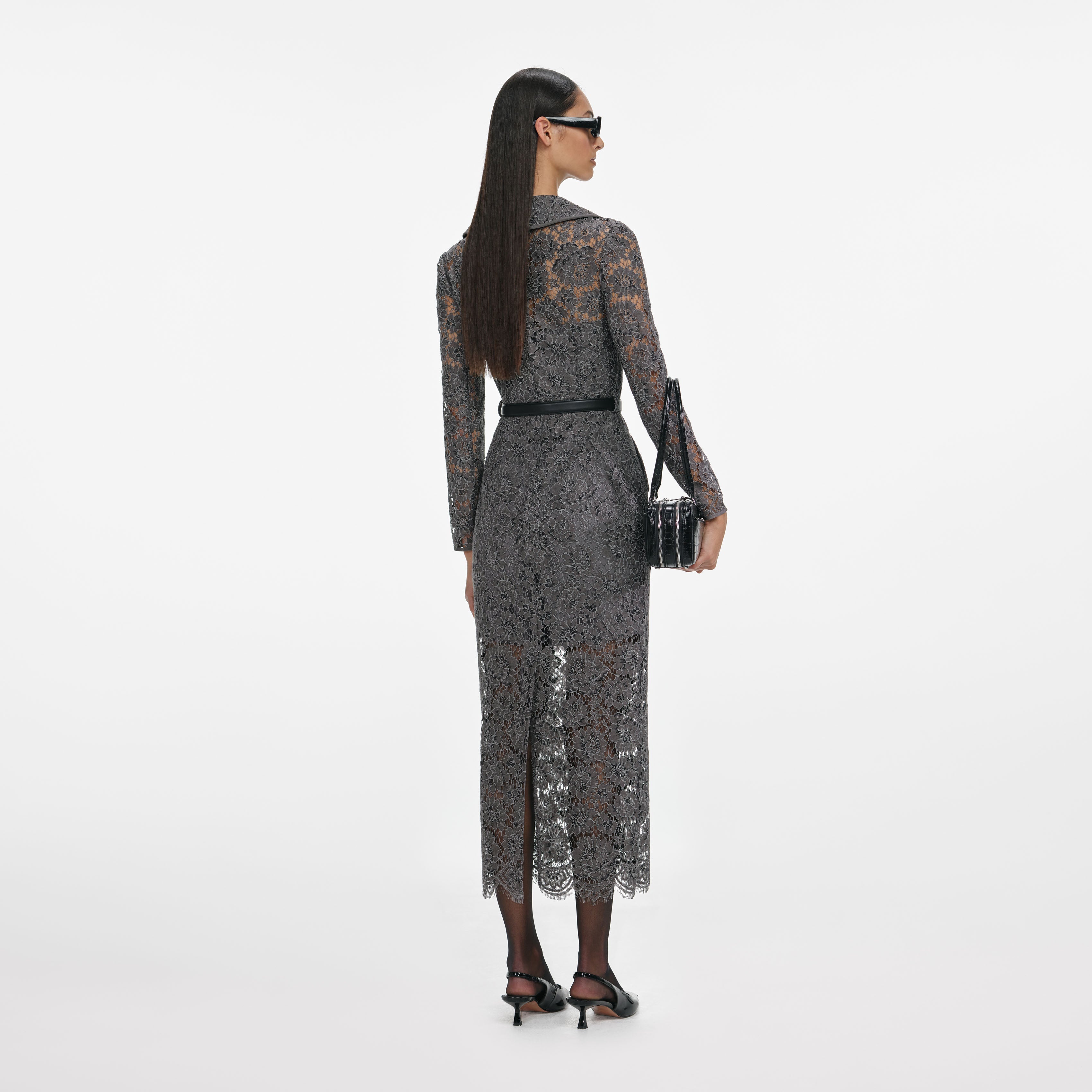 Grey Floral Lace Midi Dress