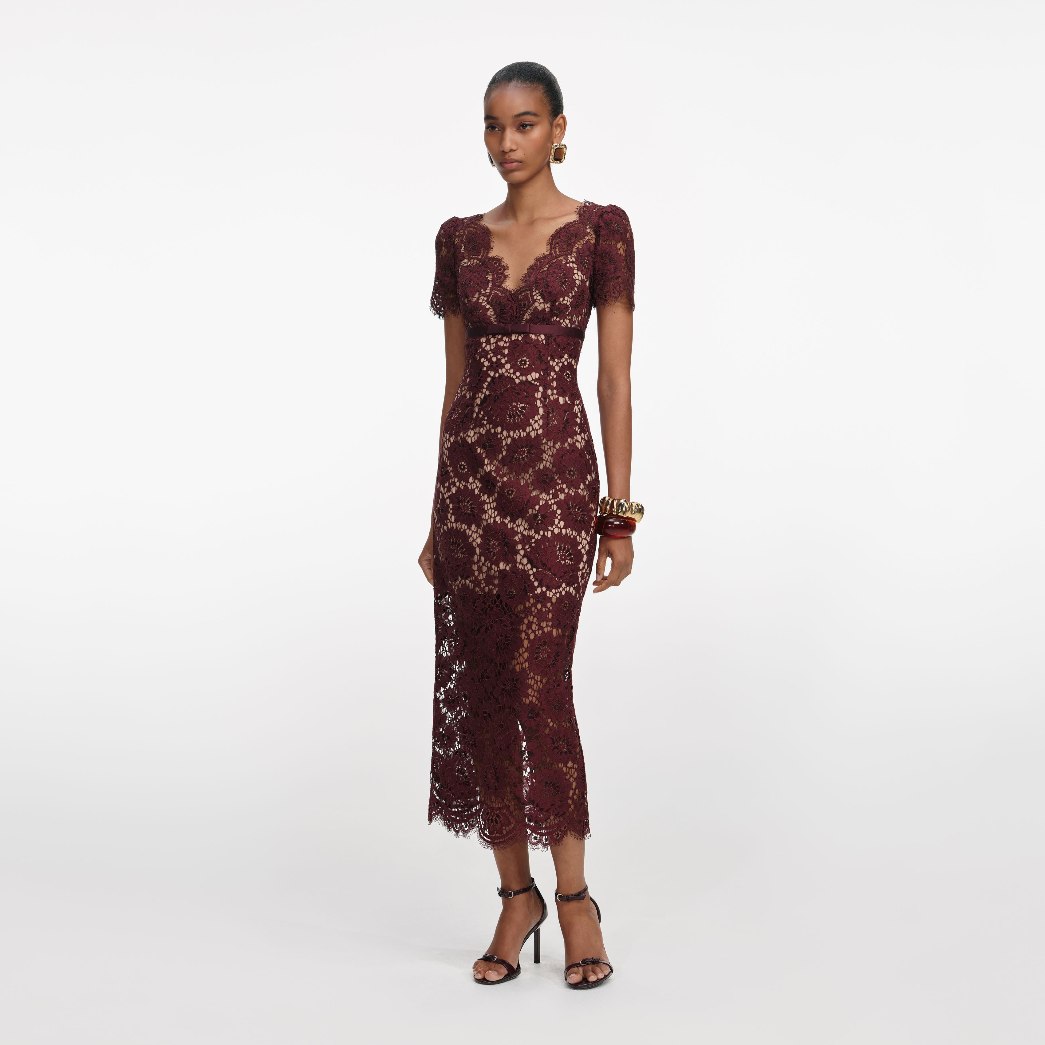 Burgundy Floral Lace Midi Dress