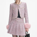Pink Boucle Crystal Belt Mini Skirt