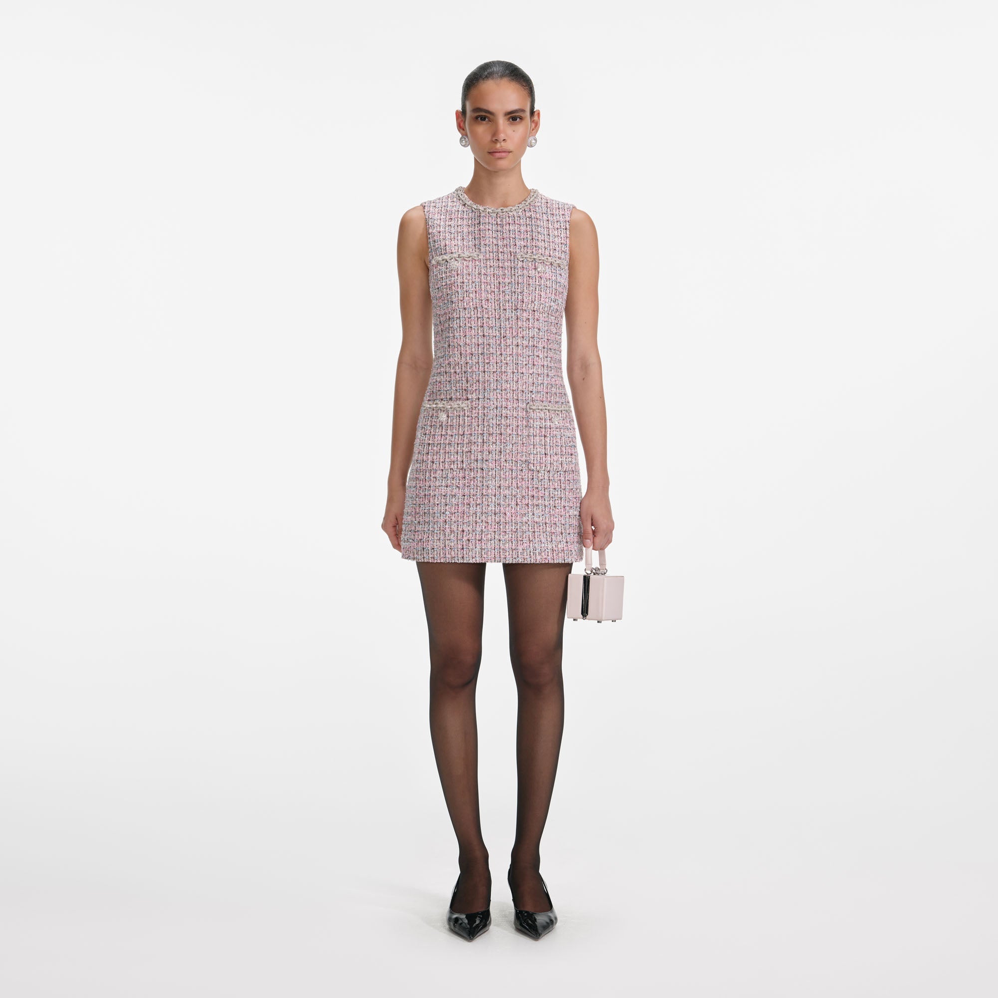 Pink Boucle Sleeveless Shift Mini Dress