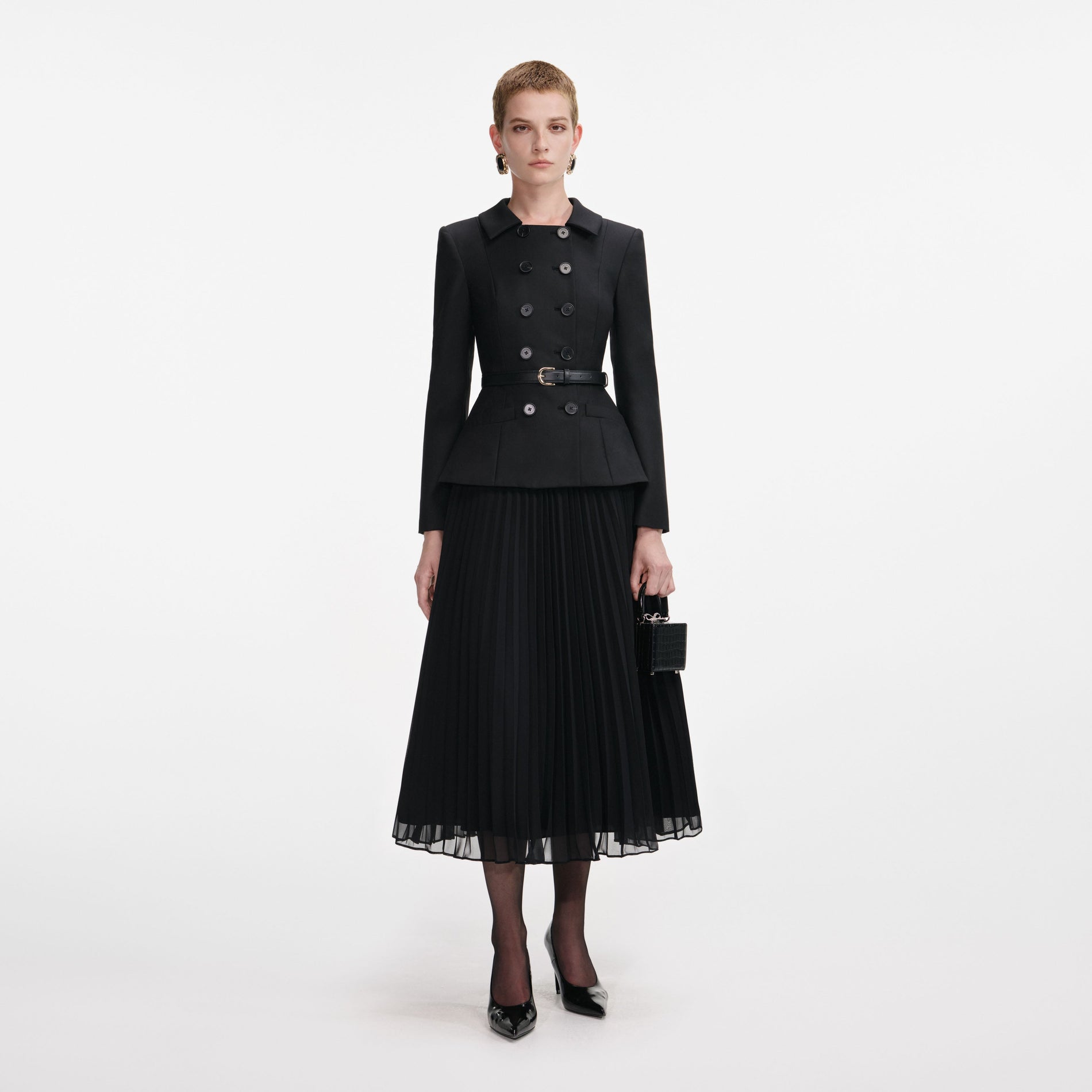 Front view of a woman wearing the Black Wool Crepe Midi Dress