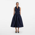 Navy Belted Twill Midi Dress