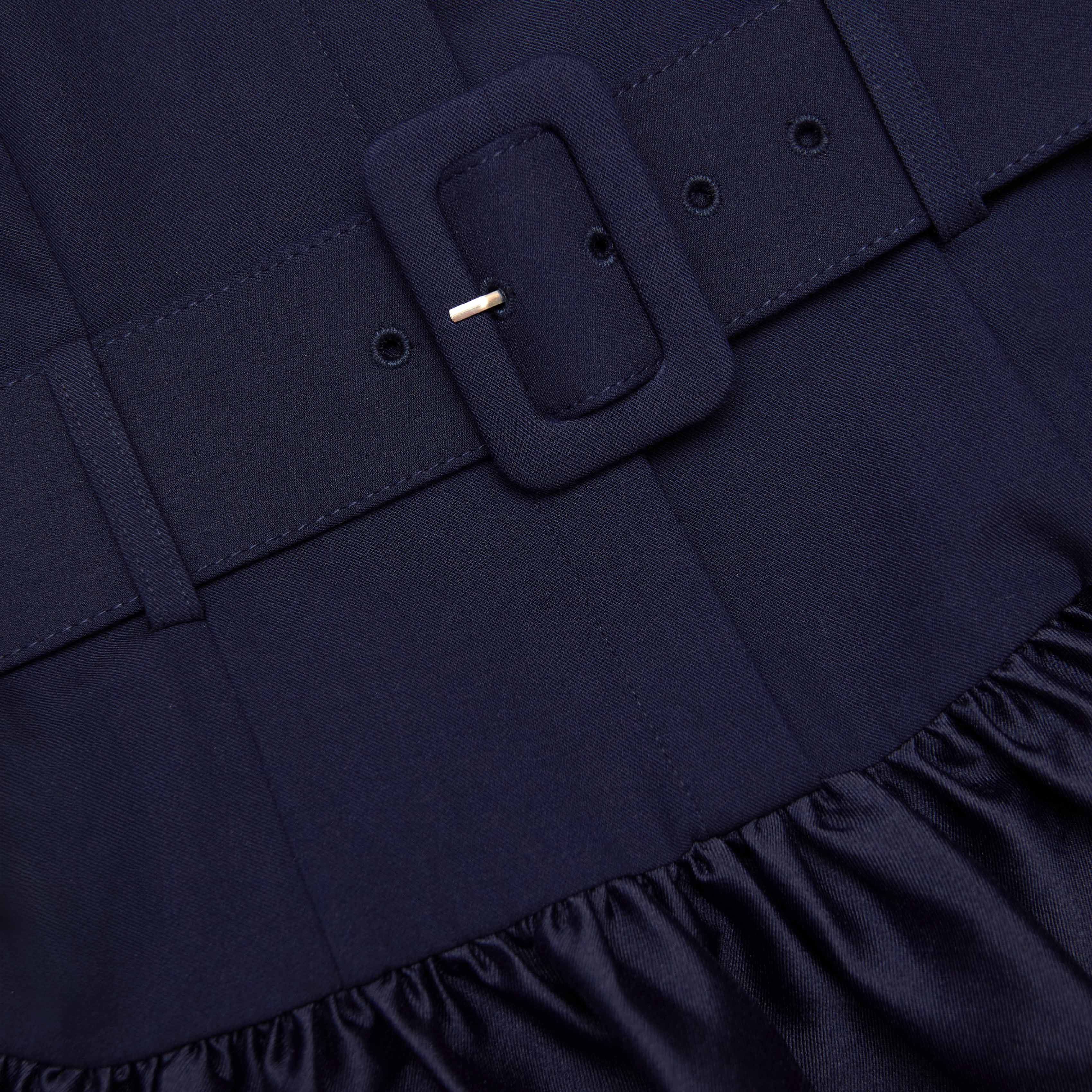 Navy Belted Twill Midi Dress