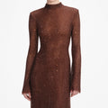 Brown Rhinestone Mesh Maxi Dress