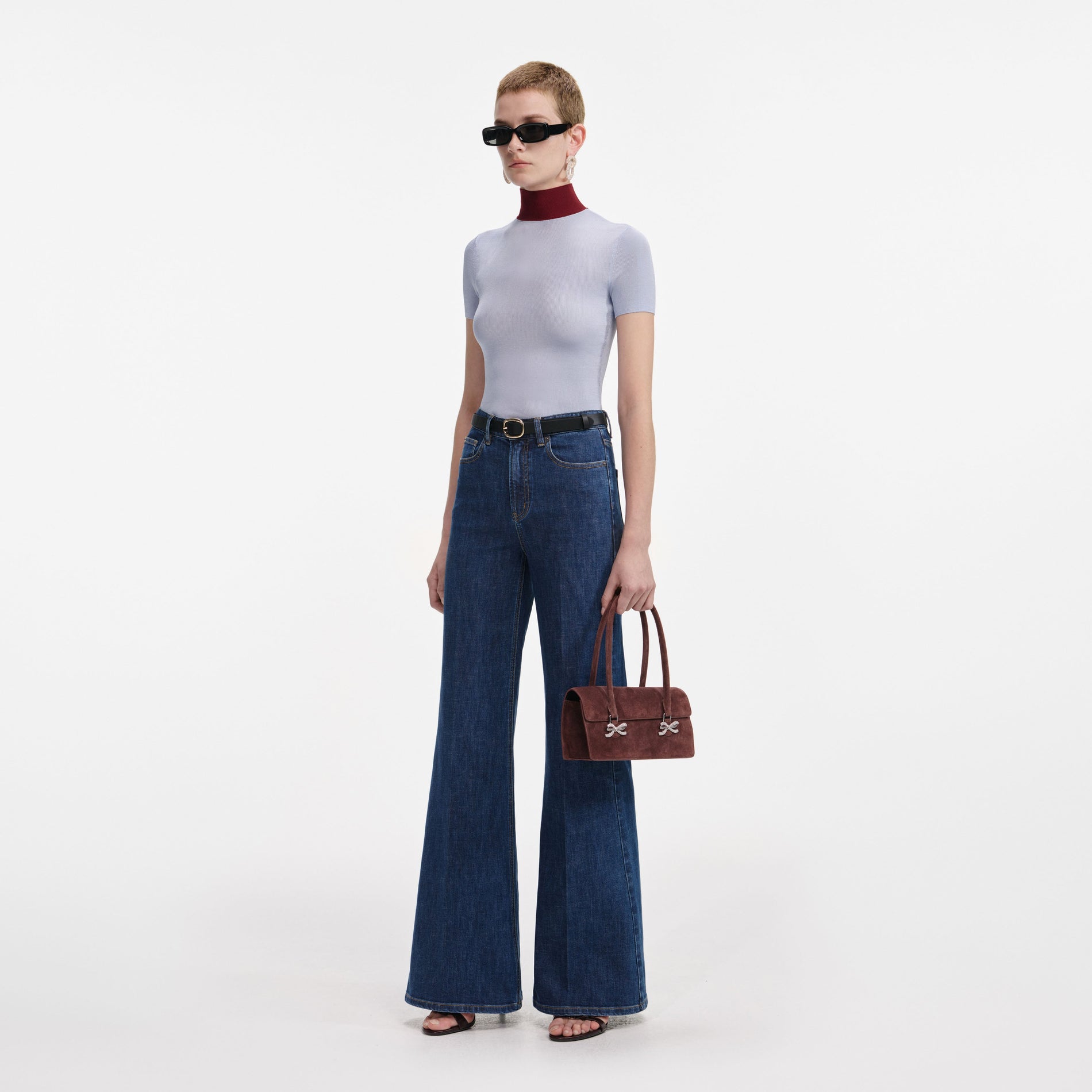 Blue Viscose Knit Short Sleeve Top