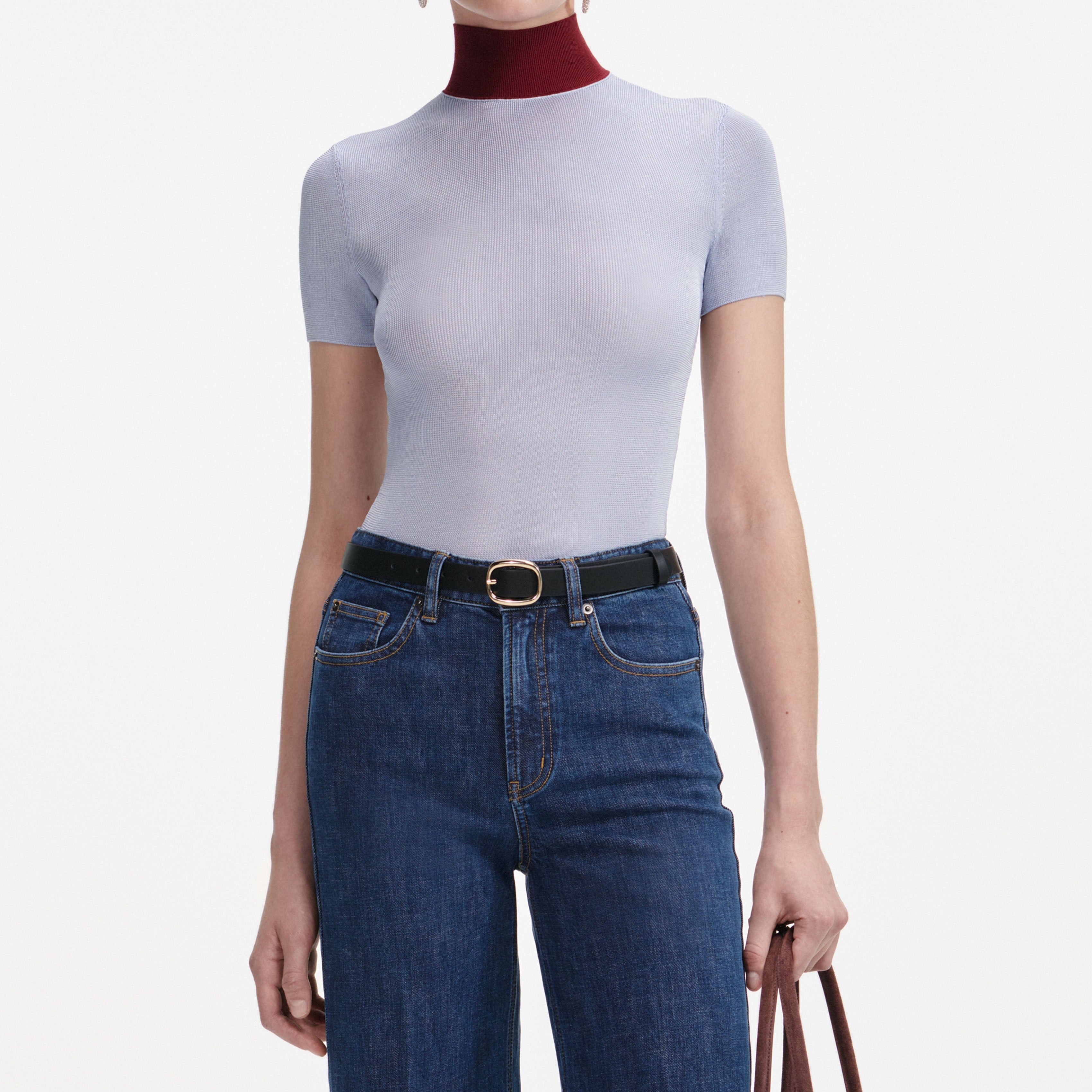 Blue Viscose Knit Short Sleeve Top