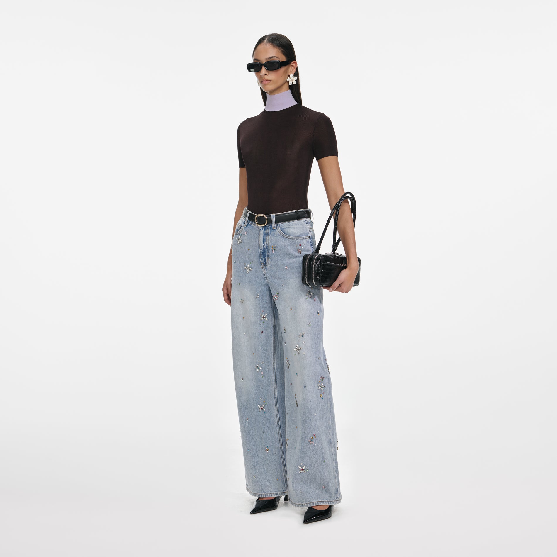 Light Blue Embellished Wide Leg Jeans