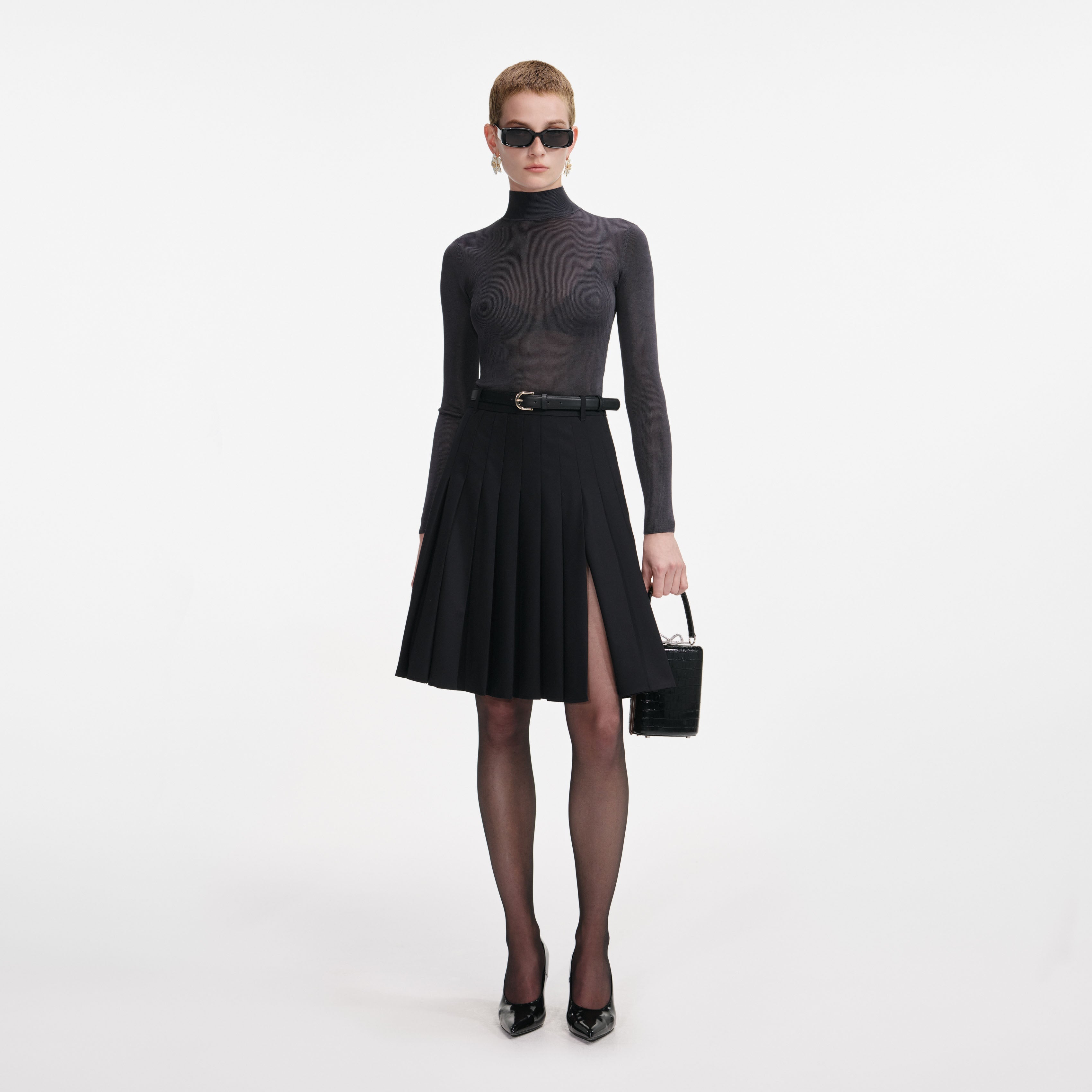 Black Pleated Twill Midi Skirt