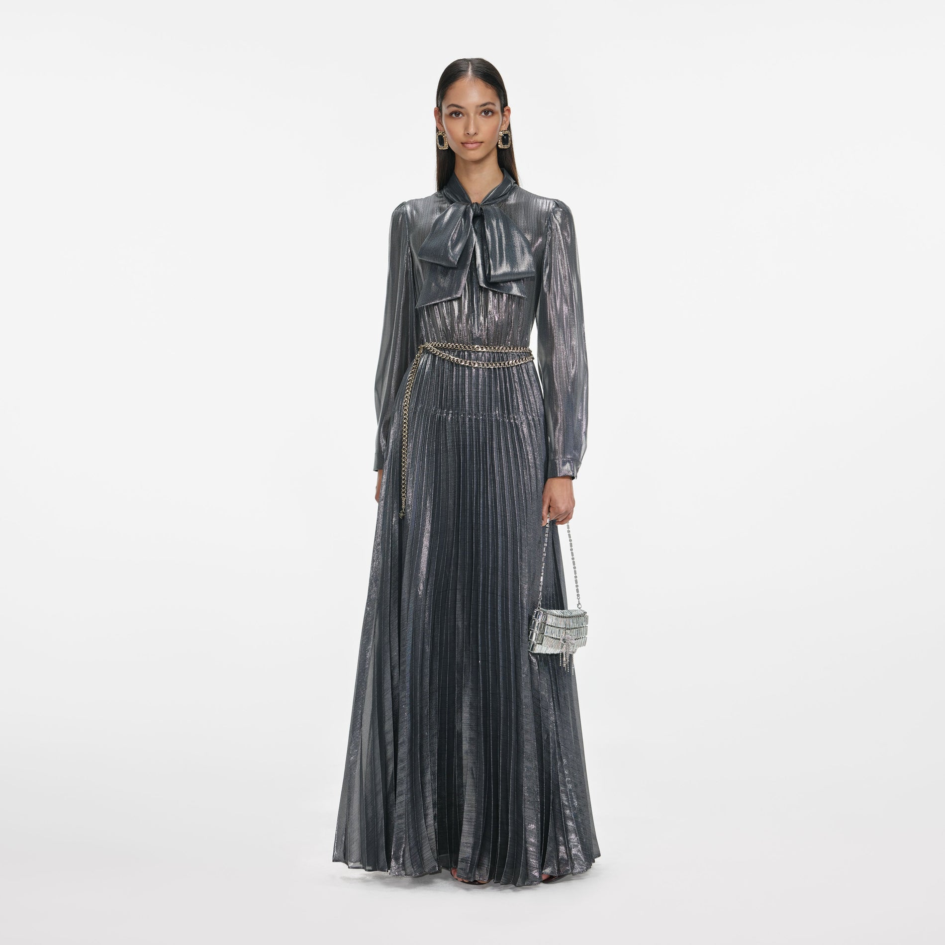 Grey Metallic Tie Neck Maxi Dress