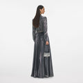 Grey Metallic Tie Neck Maxi Dress