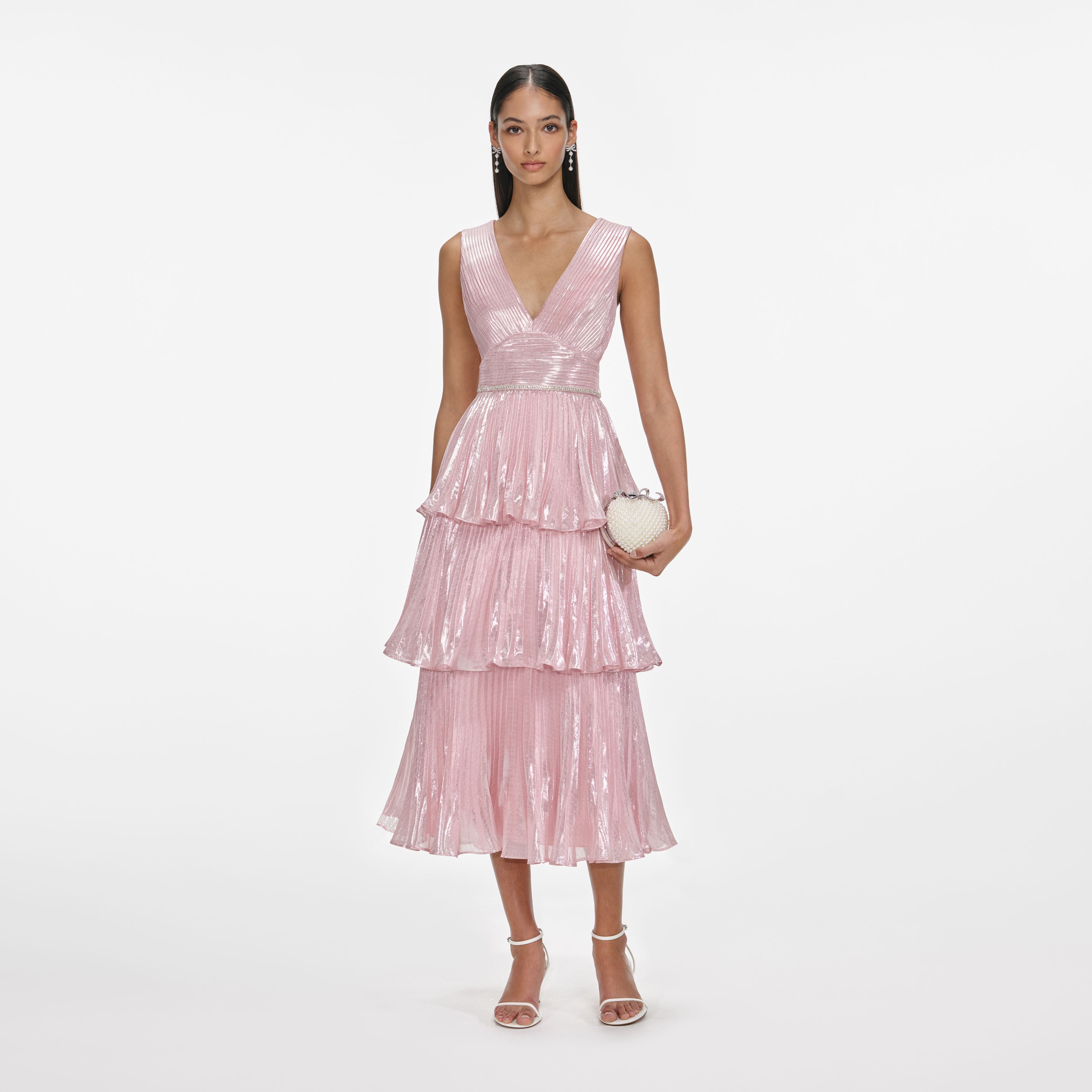 Pink Metallic Tiered Midi Dress