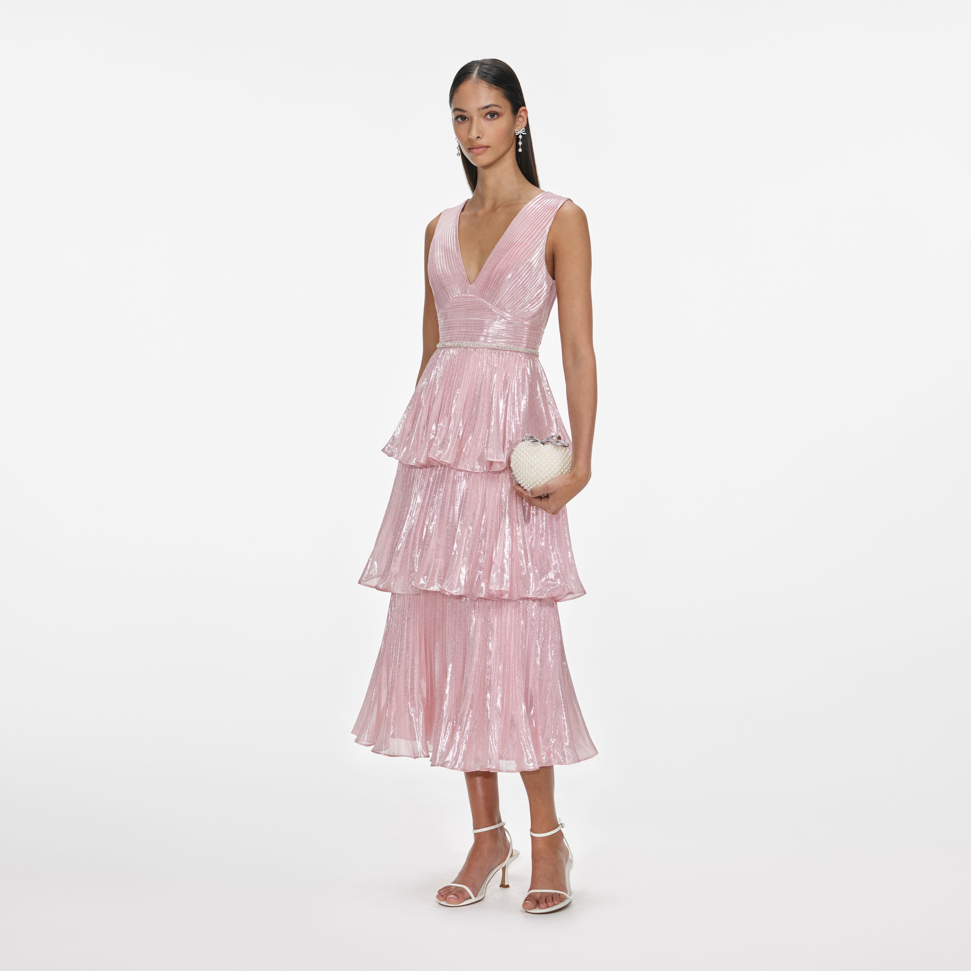 Pink Metallic Tiered Midi Dress