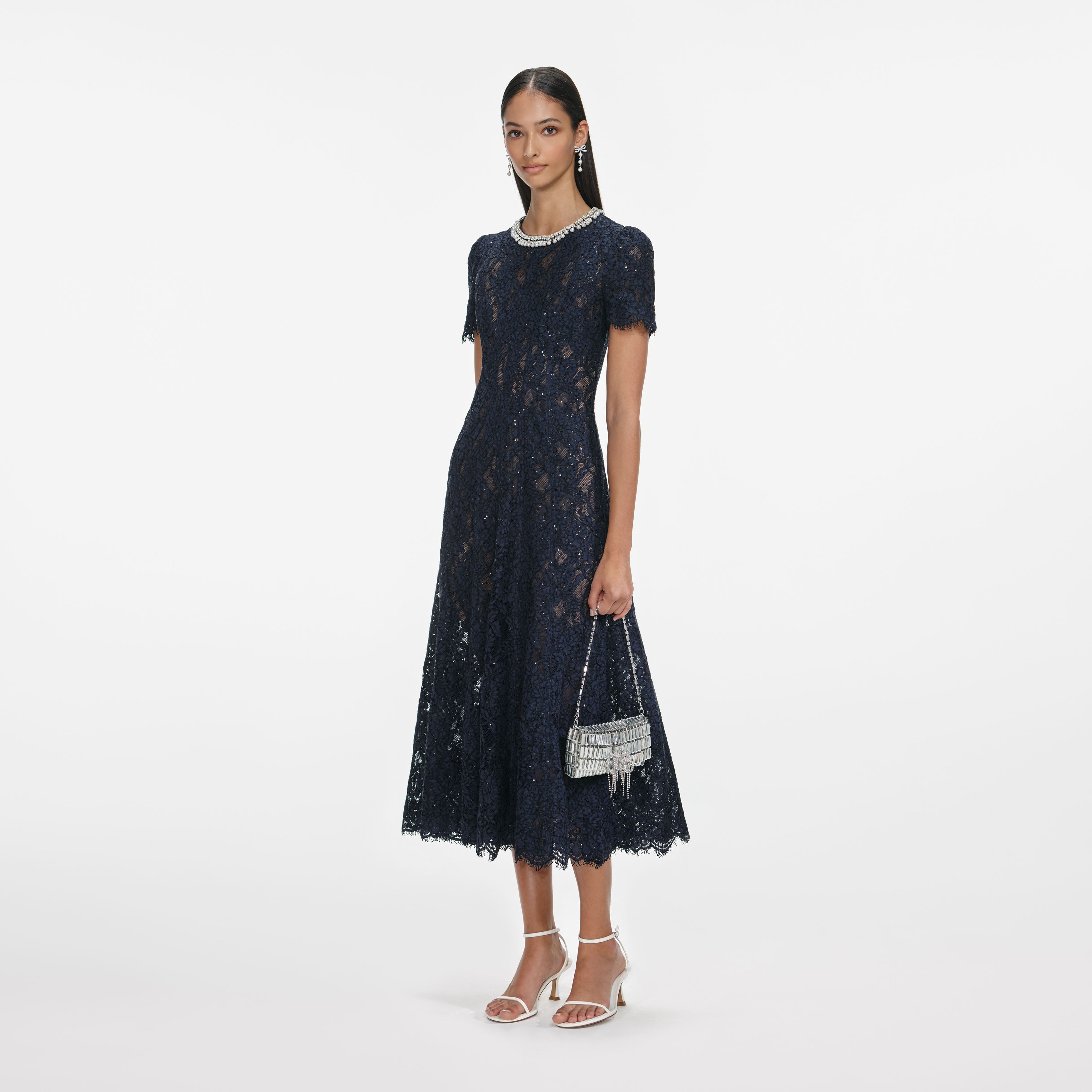 Navy Lace Embellished Midi Dress