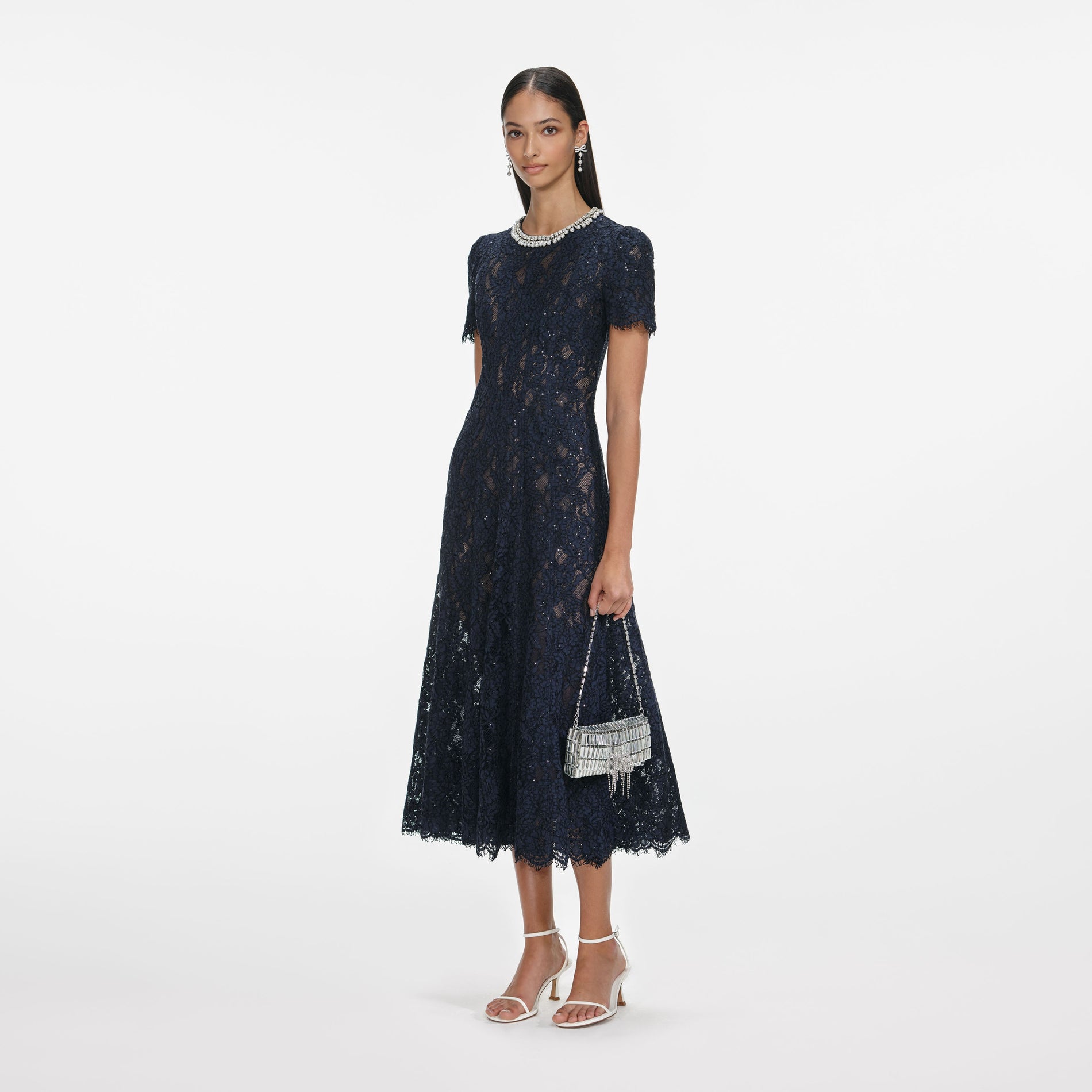 Navy Lace Embellished Midi Dress
