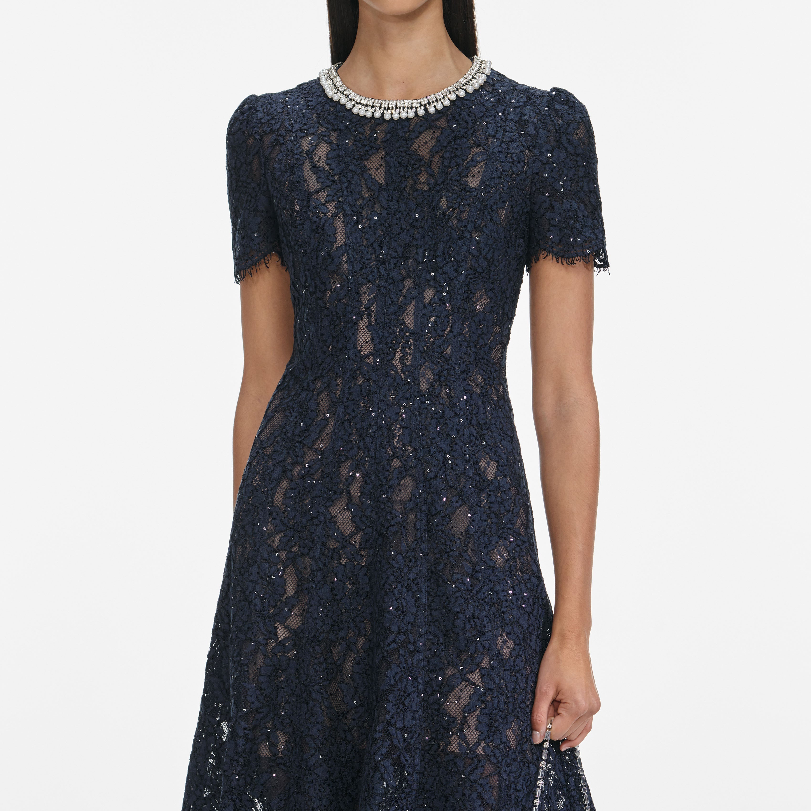 Navy Lace Embellished Midi Dress