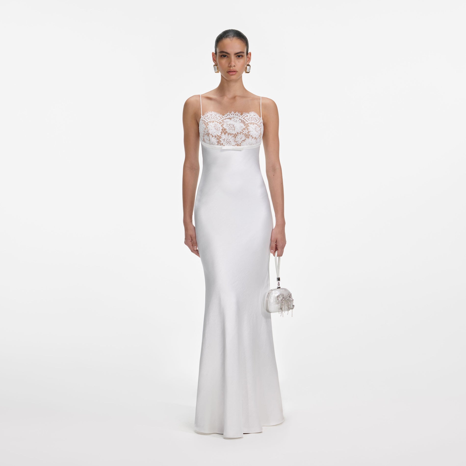 Front view of a woman wearing the White Satin Lace Maxi Dress